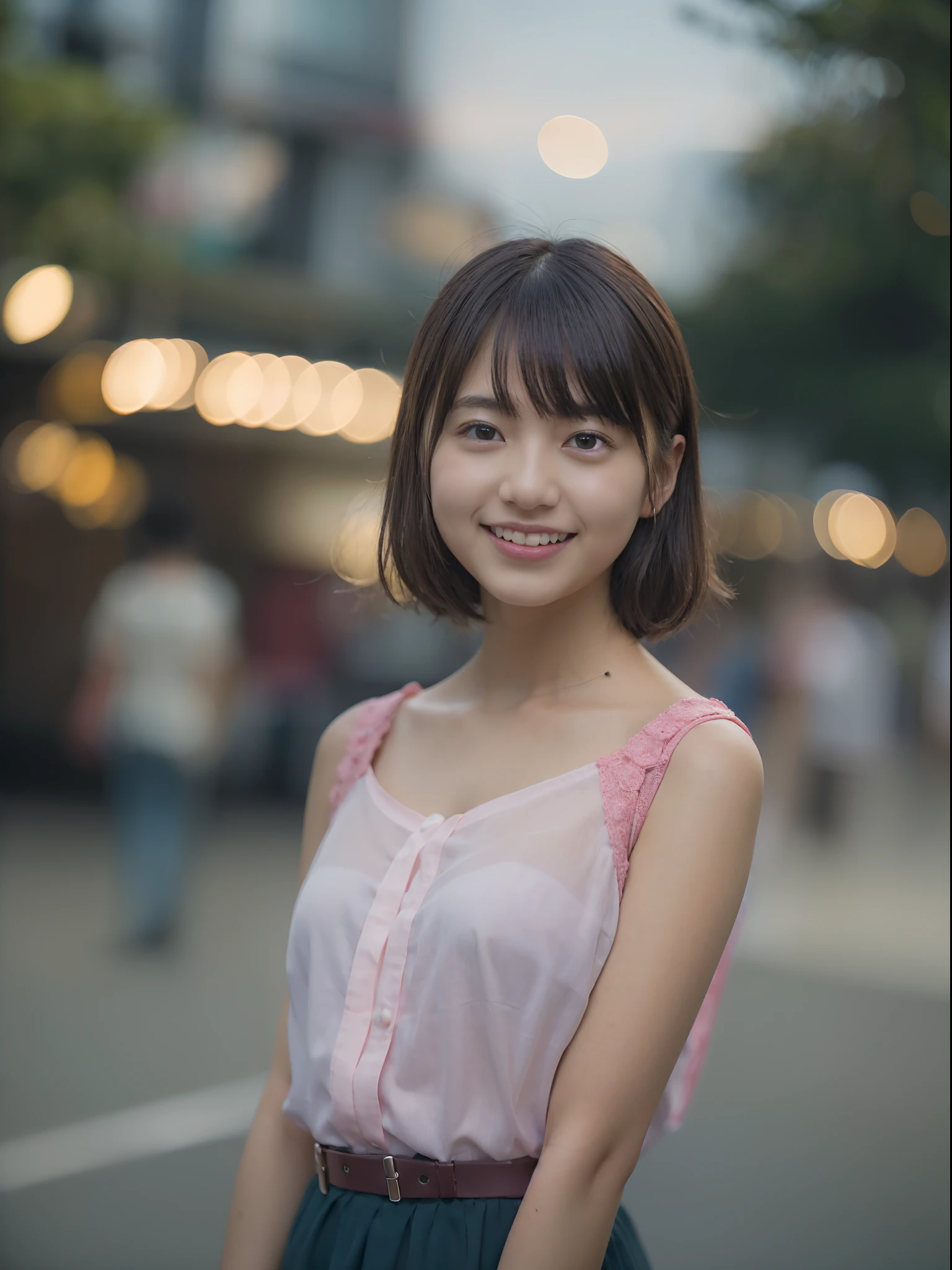 Woman Standing On The Side Of The Street、Young Asian Woman、a photography of a beautiful woman、Japan Person Model、beautiful young woman with、60mm portrait、Color photo portrait 4k、Soft portrait shots 8k、17 year old girl、Happy smile、(8K、Raw photography、top-quality、masterpiece:1.2)、(realisitic、Photorealsitic:1.37)、ultra-detailliert、
1 girl in、cute little、独奏、Beautiful detailed sky、Detailed Cafe、natta、Standing、date、(blush of the nose)、(A smile:1.1)、(Mouth closed)、tiny chest、seducting smile、Night amusement park、merry-go-round、profetional lighting、Sony A7R4、Zessie 50mm f1.8、
medium breasts、Beautiful Detail Eye、(shirt with collar:1.1)、a bow tie、pleatedskirt、(short-hair:1.2)、Floating hair、Happy smile、Happy smile、17 year old girl