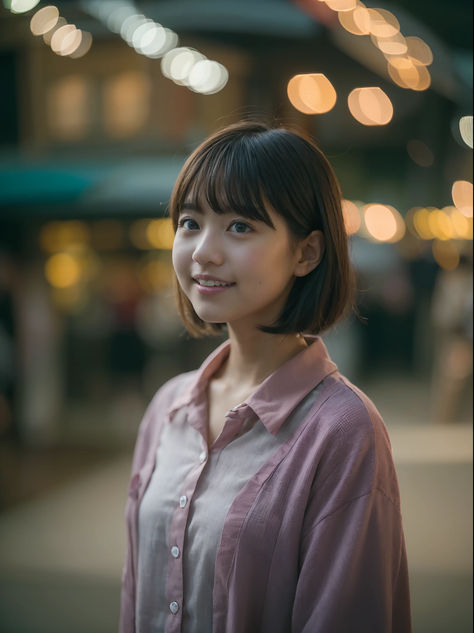 Woman Standing On The Side Of The Street、Young Asian Woman、a photography of a beautiful woman、Japan Person Model、beautiful young woman with、60mm portrait、Color photo portrait 4k、Soft portrait shots 8k、17 year old girl、Happy smile、(8K、Raw photography、top-quality、​masterpiece:1.2)、(realisitic、Photorealsitic:1.37)、ultra-detailliert、
1 girl in、cute little、独奏、Beautiful detailed sky、Detailed Cafe、natta、Standing、date、(blush of the nose)、(A smile:1.1)、(Mouth closed)、tiny chest、seducting smile、Night amusement park、merry-go-round、profetional lighting、Sony A7R4、Zessie 50mm f1.8、
medium breasts⁩、Beautiful Detail Eye、(shirt with collar:1.1)、a bow tie、pleatedskirt、(short-hair:1.2)、Floating hair、Happy smile、Happy smile、17 year old girl