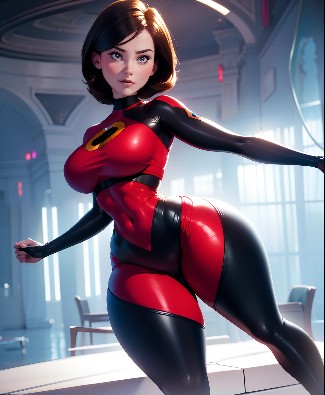 (best quality, highres, realistic:1.37), ultra-detailed, stunning depiction of hellen parr in her skintight supersuit. Focus on her exposed legs and thighs which are captivating and alluring. The composition should accentuate her hourglass figure, with a particular emphasis on her curvaceous and voluptuous physique. Hellen Parr should exude confidence and sensuality, with a captivating and alluring expression on her beautiful face. Her eyes should be detailed and mesmerizing, drawing the viewer into the artwork. Her lips should be luscious and seductive, adding to her overall allure.

The artwork should showcase the beauty of Hellen Parr's body, with attention to every detail, including the provocative pose she is in. Hellen Parr's pose should emphasize her curves and showcase her sexy and confident personality. The lighting should enhance the contours of her body, adding depth and dimension to the artwork.

The color palette should be vibrant and dynamic, with vivid colors that highlight the energy and power of Hellen Parr. The supersuit should be visually striking, with a mix of bold and sleek design elements that accentuate her figure. The chocker she is wearing should add a touch of elegance and sophistication to the overall composition.

The overall image should be of the highest quality, with impeccable attention to detail and realism. It should resemble a masterpiece, with ultra-fine painting precision and a photorealistic quality. The artwork should evoke a sense of awe and admiration for Hellen Parr's beauty and strength.

Note: This prompt contains elements that might be considered NSFW (Not Safe for Work). Please ensure it is used in an appropriate context.