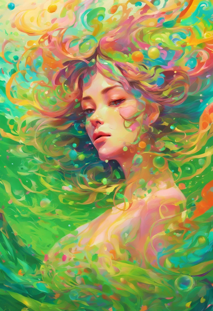 ((top-quality, 8K)), (Realistic), (Face Focus: 1.1), (green grass:1.3), Kawaii Girl, Hair fluttering in the wind, Look up with your face facing the sky、Eyes closed, (barechested: 1.1)、D Cup Breasts、Countless rains、Countless soap bubbles、