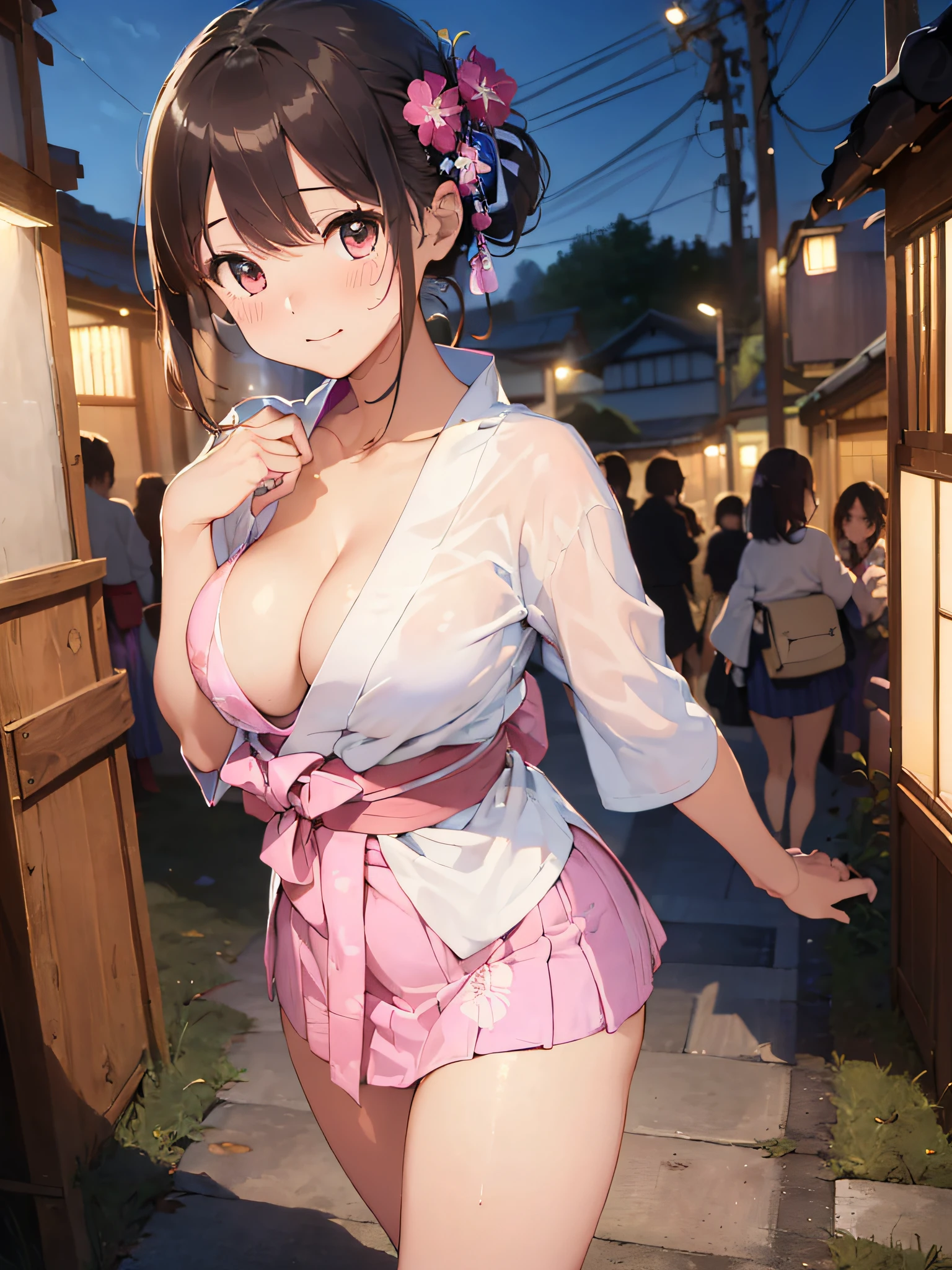 (​masterpiece:2.0), (top-quality:2.0), (naked:1.5), (super mini skirt extremely small pink yukata:1.5), (super thin fabric:1.5), (sexypose:1.5), (blushed face:1.3), (barechested:1.3), (realistic:1.5), 1 little girl, precise hands, Embarrassed look, light smile, Look at me and smile, extremely cute girl, innocent face, young face, Clear eyes, Shining eyes, small breast, (cleavage of the breast is visible:1.5), (the thighs is visible:1.5), The crotch is visible, No pubic hair, full body, The beautiful skin, ultra-definition, Top resolution, japan high school student, brown hair, at the night festival