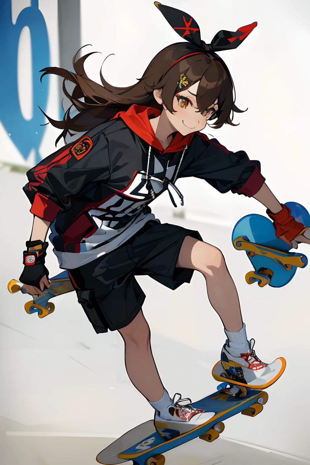SFW, masterpiece, standing (woman 1), (((skateboarder pose))), (skate clothes), amber eyes, dark brown hair, long hair, ribon, ((((1 skateboard)))), ((close up)), (grafiti), ((skateboard park)), concrete,(((skateboarding))), (cool smile), board