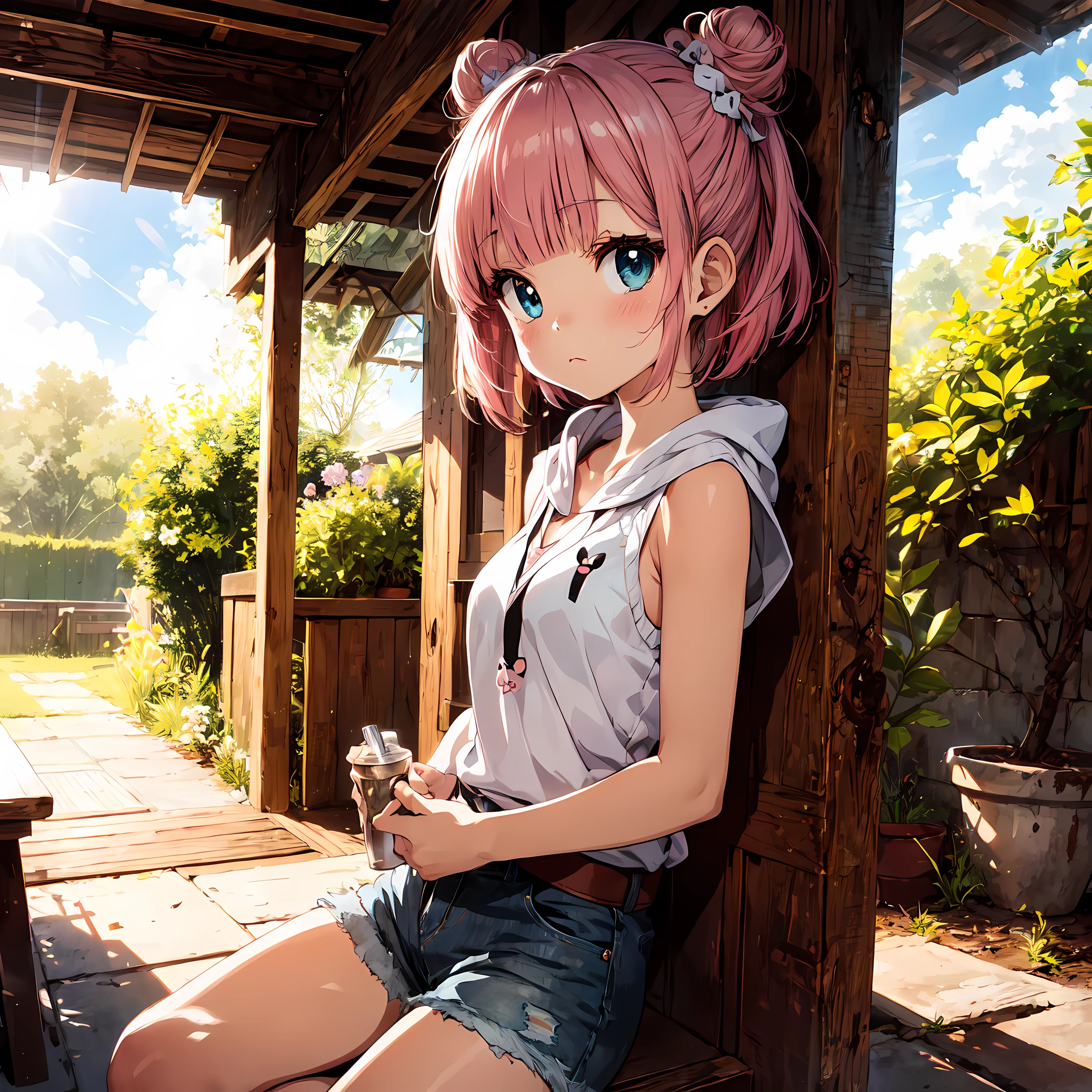 (best anime 4k konachan wallpaper, clean detailed anime art,masutepiece), (Best Quality), (Super Detail), (Best Illustration), (Best Shadow), POV, Realistic lighting and shading, Natural light, Lens flare effect, BREAK, 1 Beautiful 7 Year Old Girl, Solo,(kawaii:2.0),(Chibi:0.8), (kawaii:1.5),(Lori:2.0), BREAK, (Red hair, short-hair:1.2),(2 hair buns,Blunt bangs:1.3),{Heterochromia,pale blue eyes,pale green eyes, Eye Highlights,The first hyperfine stars:1.5}, star eye silhouette, (long eyelashes, Double eyelids:1.2), (de pele branca),BREAK,(wearing hat,Sleeveless Hoodie:1.2), (Denim shorts:1.2), (Red shoes:1.0),BREAK, trolling, Lavender fields, (fragrant:1.2), Summer, Purple, Calming, warm breeze, painting-like, Yes, Nature,Super close to the chest