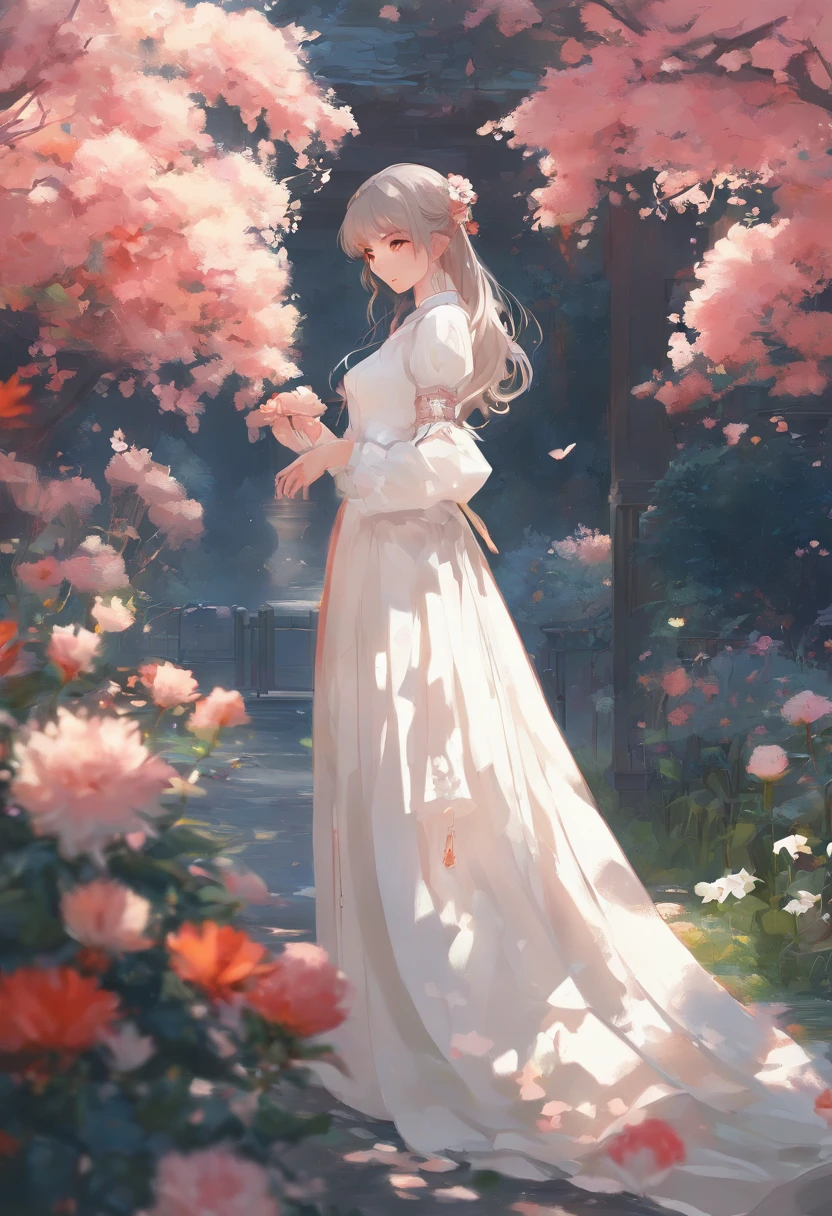 anime girl in a white dress holding a flower in a garden, beautiful anime artwork, beautiful anime art, guweiz on pixiv artstation, guweiz on artstation pixiv, beautiful anime, by Yang J, a beautiful artwork illustration, beautiful anime portrait, artwork in the style of guweiz, anime fantasy artwork, anime art wallpaper 4 k