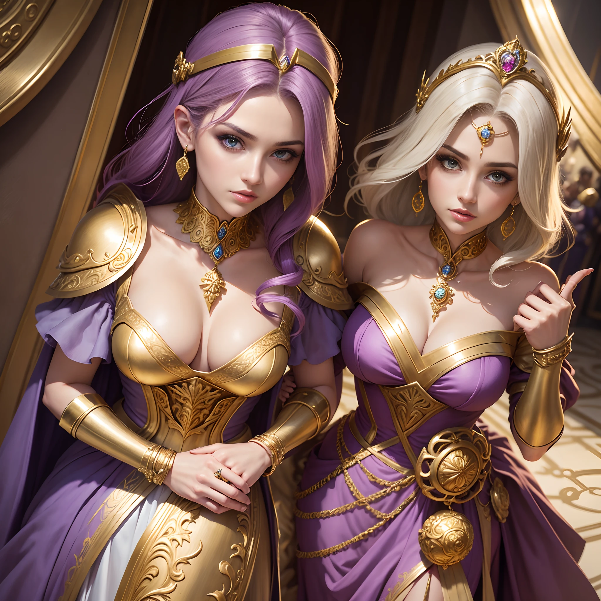 Sketchbook Style, Sketch book, mulher, cabelos loiros, olhos de cor violeta, vestido estilo armadura de princesa, golden crosier, Details on the neck of gold jewelry