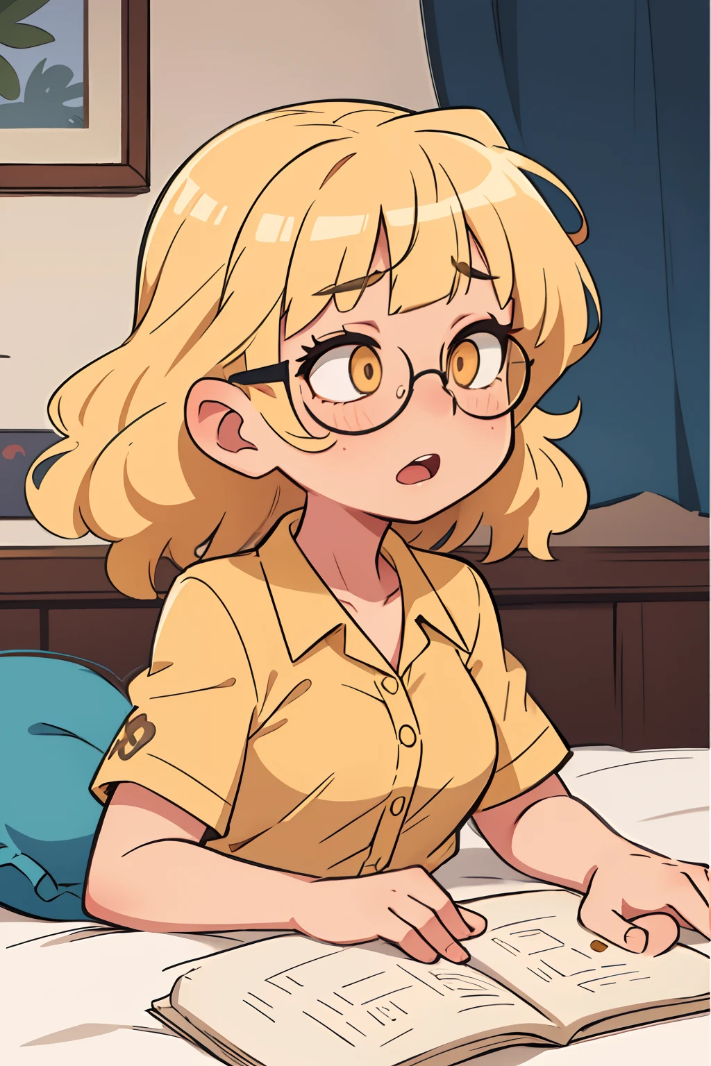 a girl with blonde hair, curly bangs, covered eyes, yellow eyes, eyeglasses, Shirt, opened mouth, Sleeping, on a bed