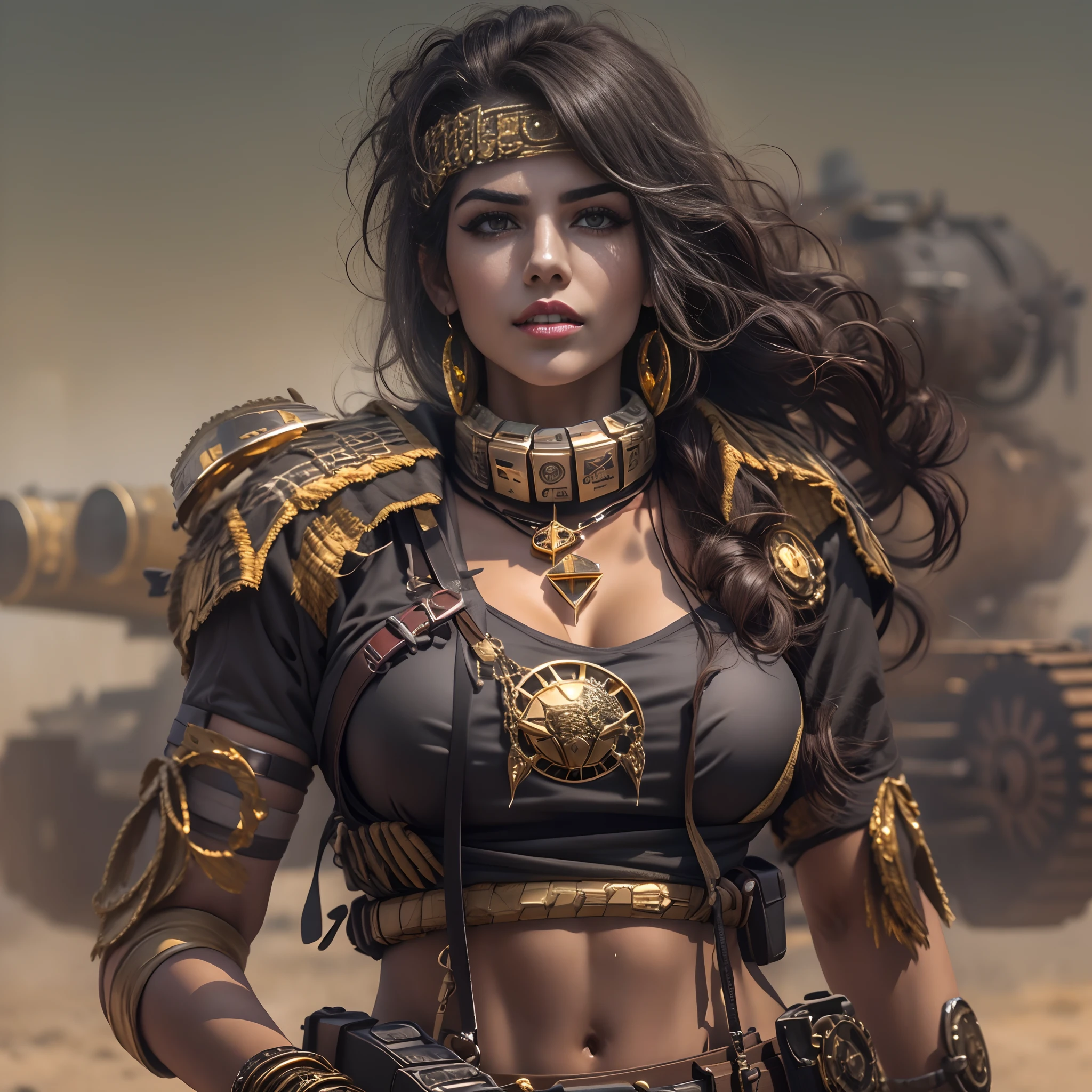 Gere uma imagem da personagem Mara, also known as 'Mara Death Dealer', do jogo Call of Duty: Guerra moderna: corpo inteiro, fisionomia cruel, ((Novo)) brincos grande, colar pulseira, rings, gold watch, na praia, sol poente, palmeiras, corpo escultural, flowing hair, ((metralhadoras, Armas, Fuzil AK-47, Granadas, gold accessories)) standing on a ((tanque de guerra Russo T-14 Armata))