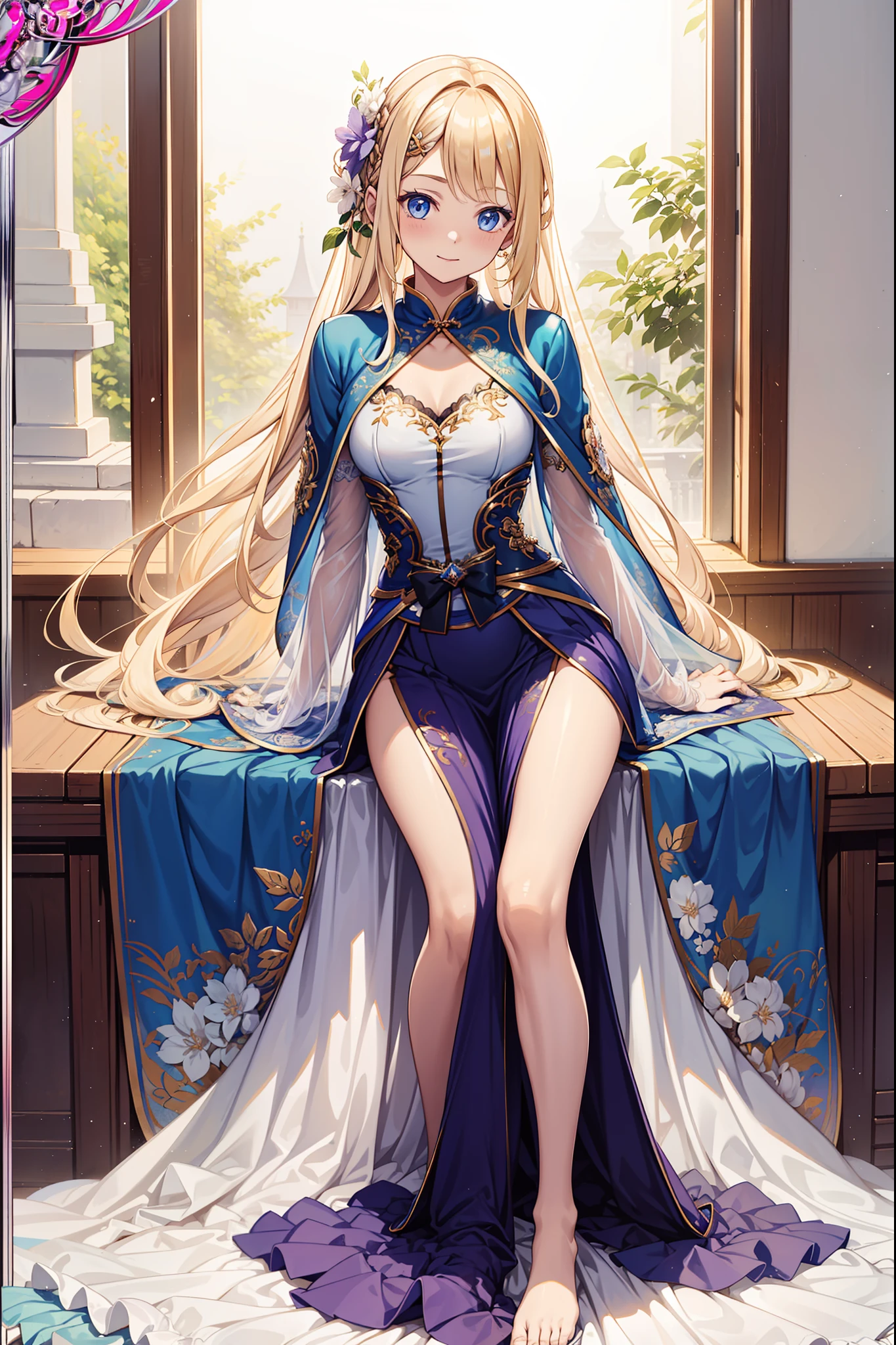 teens girl,Best quality,divino,Enchanted，Seductive pose，blond hairbl，eBlue eyes，having fun，Being in love，pale robe，A small amount of lilac cloth，Embroidery，Pattern，intricate detailed clothes，see-through transparent clothes，swimming uniform，inside in room，solo person，(Flowing skirt:1.1)
