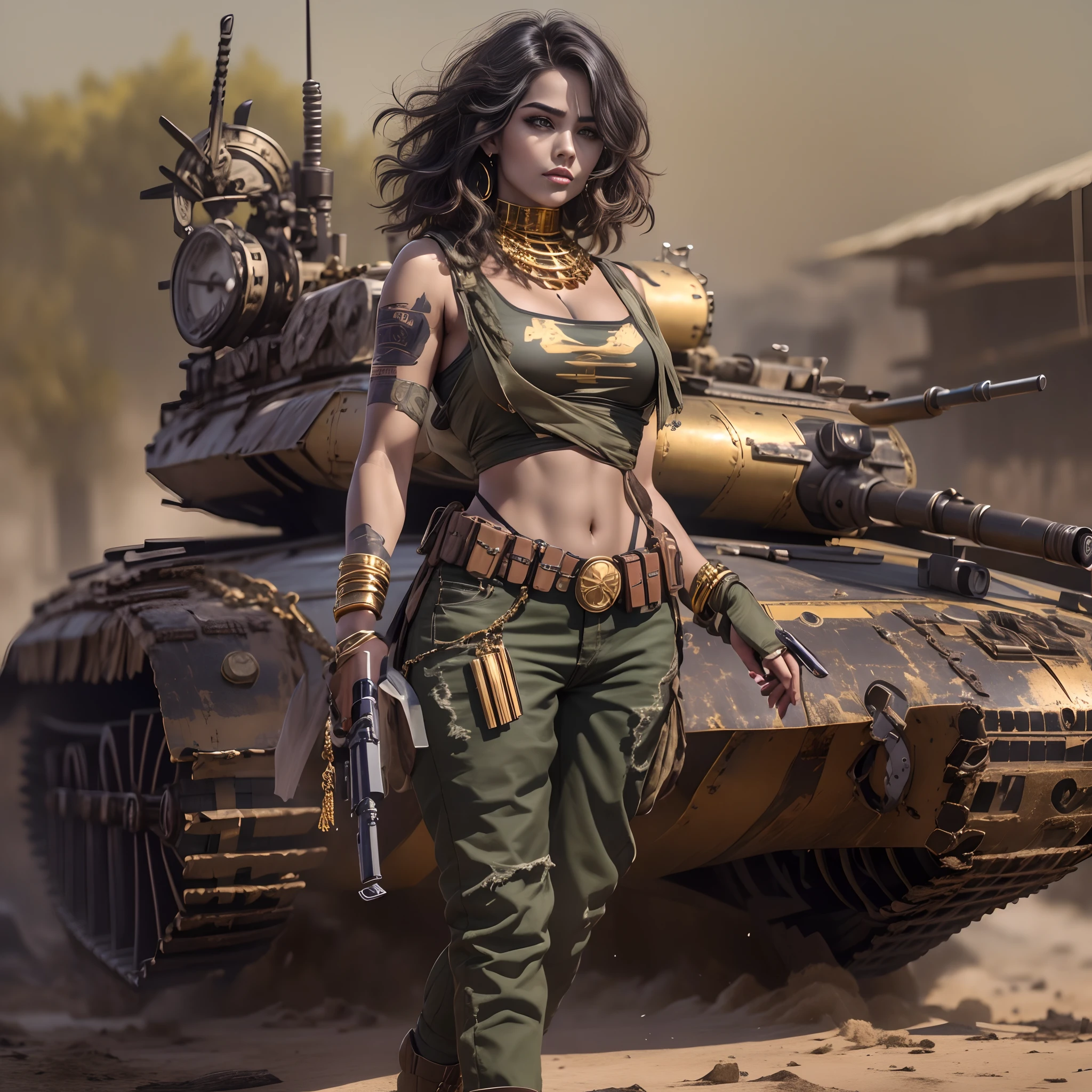 Gere uma imagem da personagem Mara, also known as 'Mara Death Dealer', do jogo Call of Duty: Guerra moderna: corpo inteiro, fisionomia cruel, ((Novo)) brincos grande, colar pulseira, rings, gold watch, na praia, sol poente, palmeiras, corpo escultural, flowing hair, ((metralhadoras, armas, Fuzil AK-47, Granadas, gold accessories)) standing on a ((tanque de guerra Russo T-14 Armata))