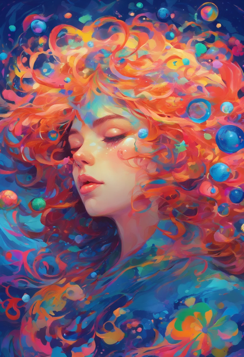 ((top-quality, 8K)), (Realistic), (Face Focus: 1.1), (Dark blue:1.3), Kawaii Girl, Hair fluttering in the wind, Look up with your face facing the sky、Eyes closed, (nudde: 1.1)、D Cup Breasts、Countless rains、Countless soap bubbles、