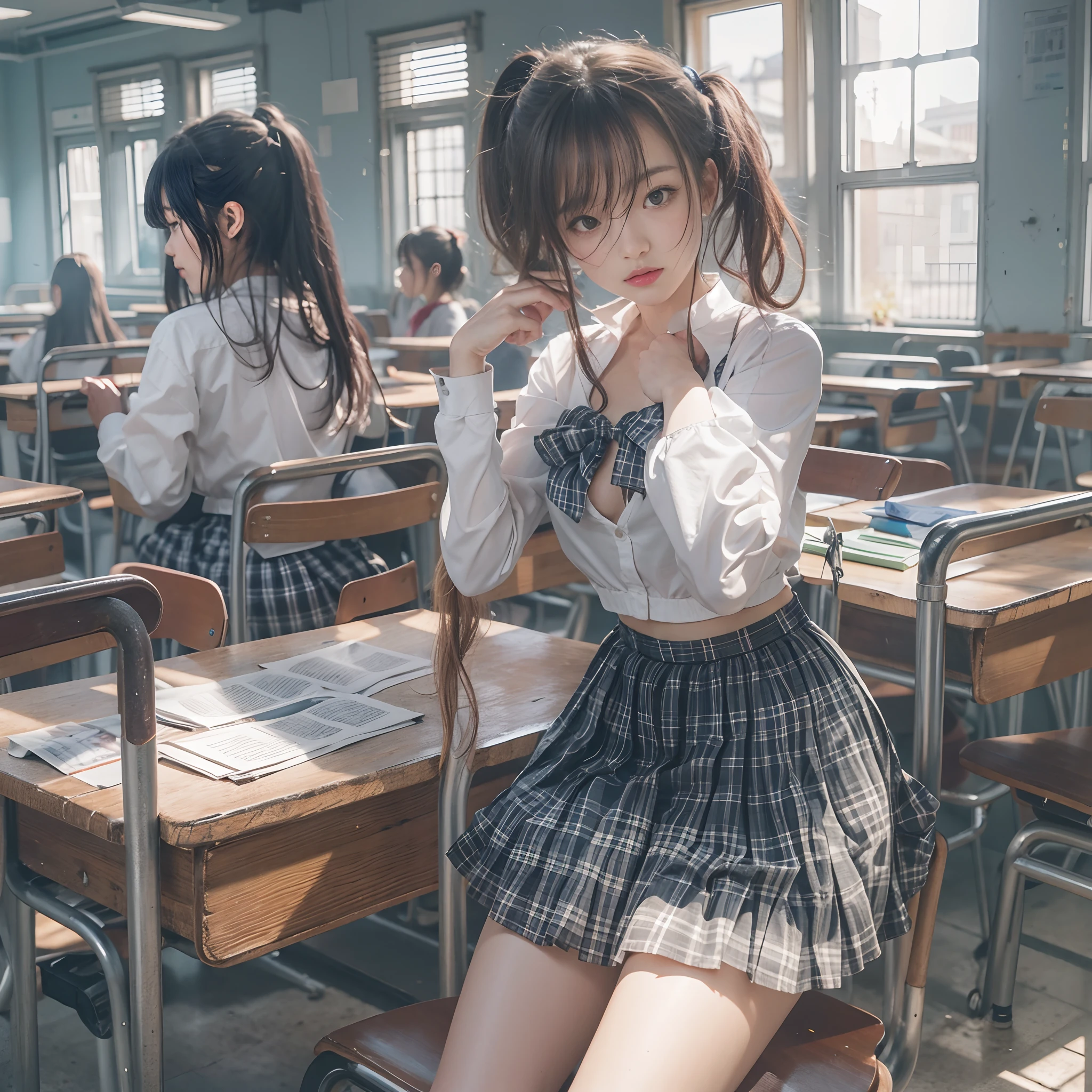 Downblouse, , munechira,(((small breasts))), looking away, leaning forward,bending over desk, from side , close up, necklace ,in classroom,loose school uniform,besides decolated detailed bra within,long skirt, short hair