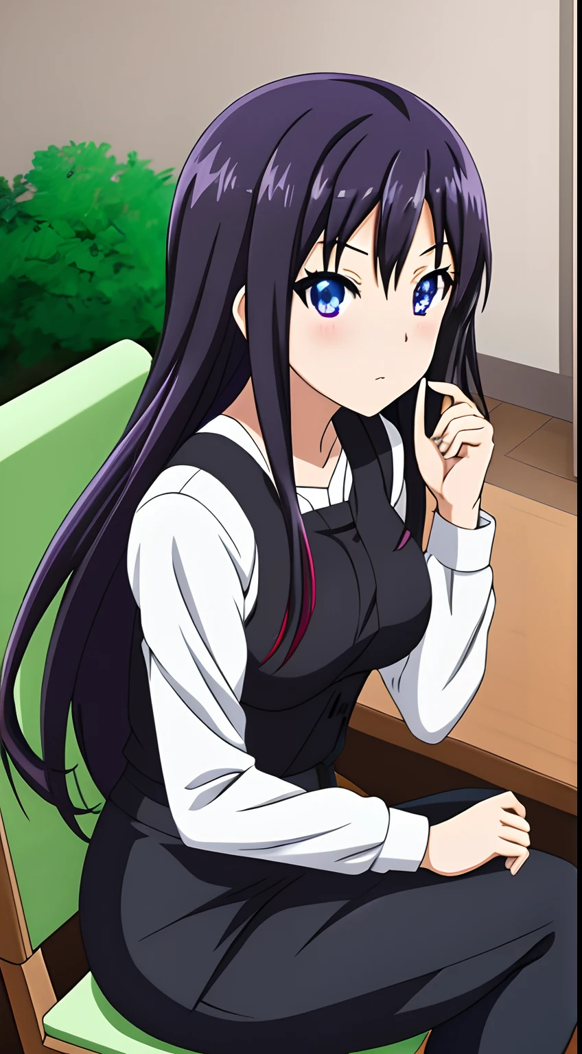 anime girl with long black hair and blue eyes sitting in a chair, purple eyes, the thinker, shirobako, wearing purple undershirt, the ultimate question of life, sie boob, good housekeeping, dyed hair, ultra detail, ultra hd,