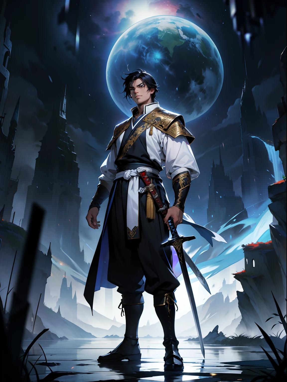 High resolution, Highest Quality, of a guy,Douluo Continent costume,Black hair,Mighty,standing on your feet,nigth,front, cool, sword