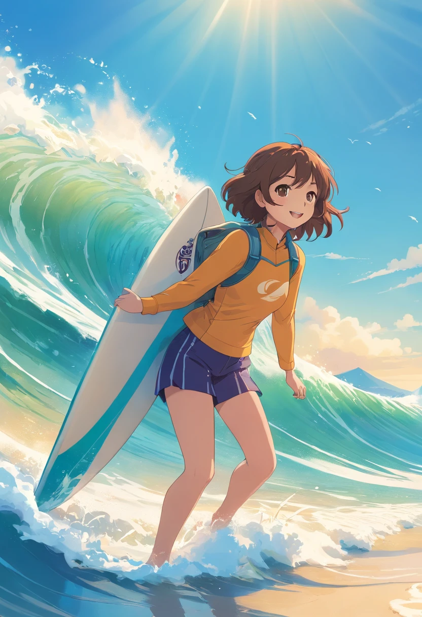 Surfing anime bears,Smooth hair,happy grin,largeeyes,rays of sunshine,sandbeach,swell sea,The picture is exquisite,plethora of colors