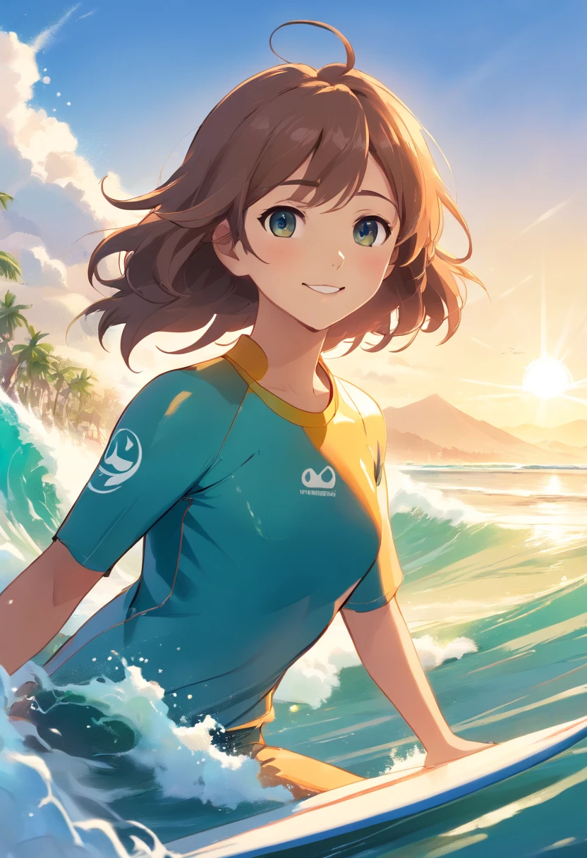 Surfing anime bears,Smooth hair,happy grin,largeeyes,rays of sunshine,sandbeach,swell sea,The picture is exquisite,plethora of colors