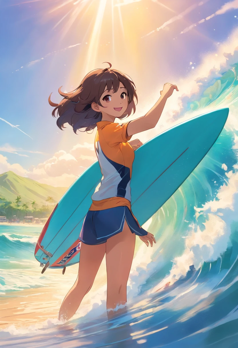 Surfing anime bears，Smooth hair，happy grin，largeeyes，rays of sunshine，sandbeach，swell sea，The picture is exquisite，plethora of colors