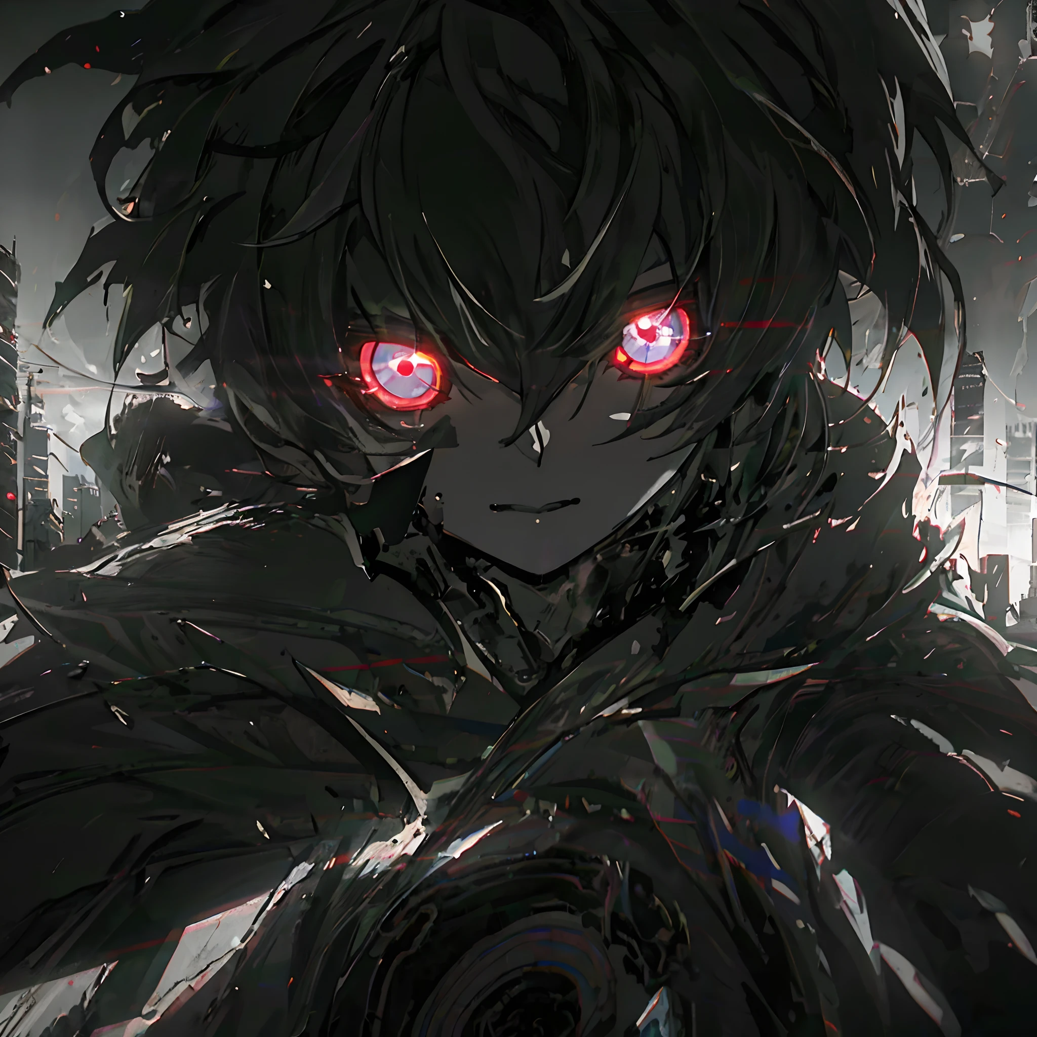 Anime humanoid monster, glowing eyes,eye glare, monochrome, close up shot, creating a crack in reality, powerful aura, destroyed city,dark,night,8k,64k, HD, unparalleled masterpiece, dynamic lighting, cinematic, Ambient lighting, epic