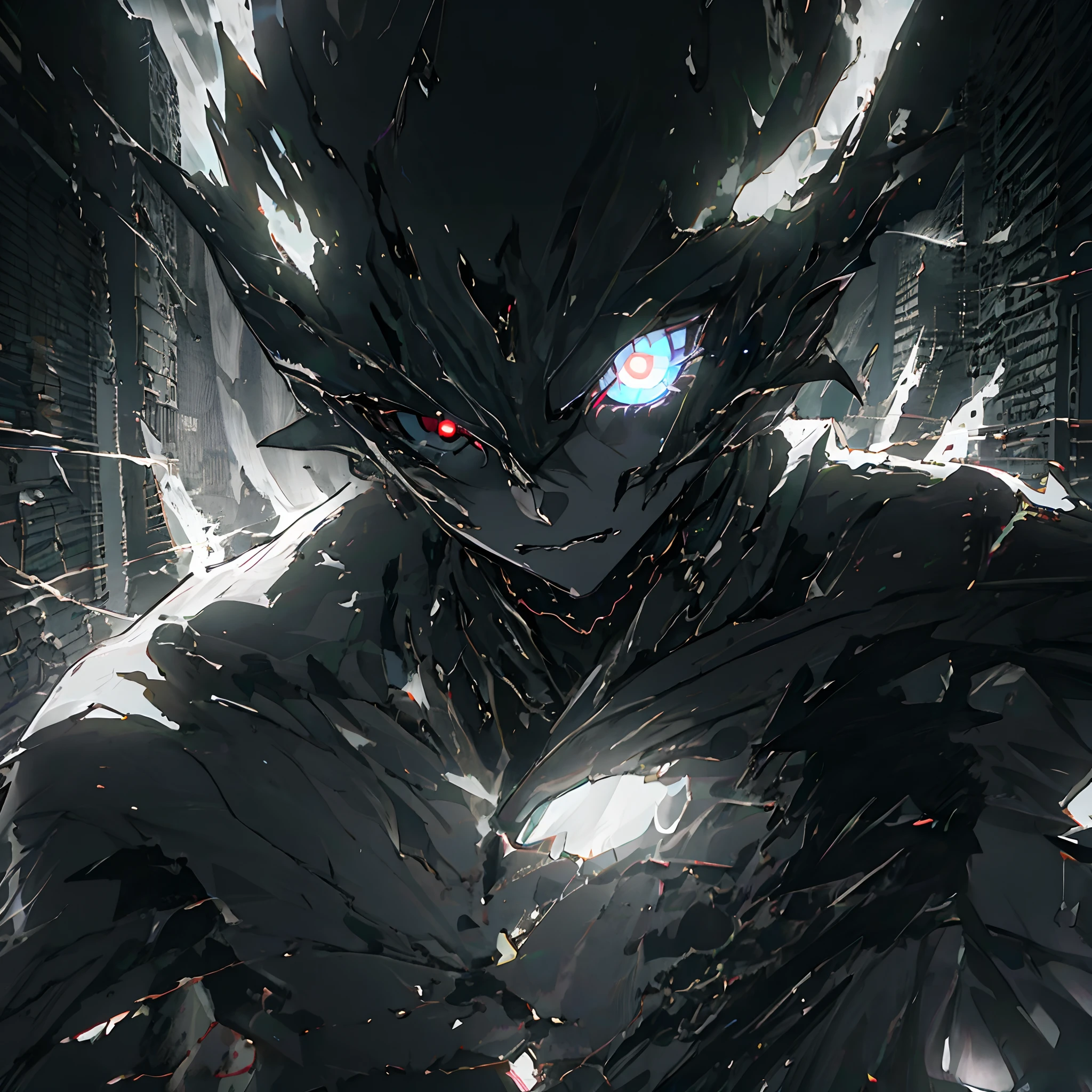 Anime humanoid monster, glowing eyes,eye glare, monochrome, close up shot, creating a crack in reality, powerful aura, destroyed city,dark,night,8k,64k, HD, unparalleled masterpiece, dynamic lighting, cinematic, Ambient lighting, epic