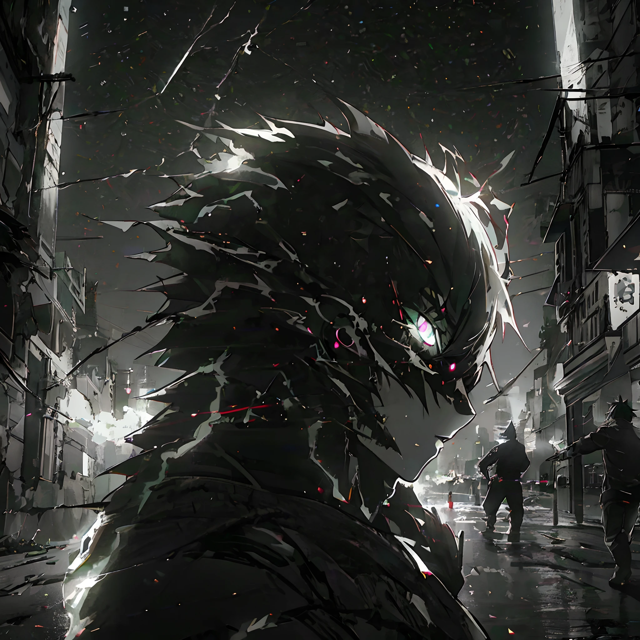 Anime humanoid monster, glowing eyes,eye glare, monochrome, close up shot, creating a crack in reality, powerful aura, destroyed city,dark,night,8k,64k, HD, unparalleled masterpiece, dynamic lighting, cinematic, Ambient lighting, epic