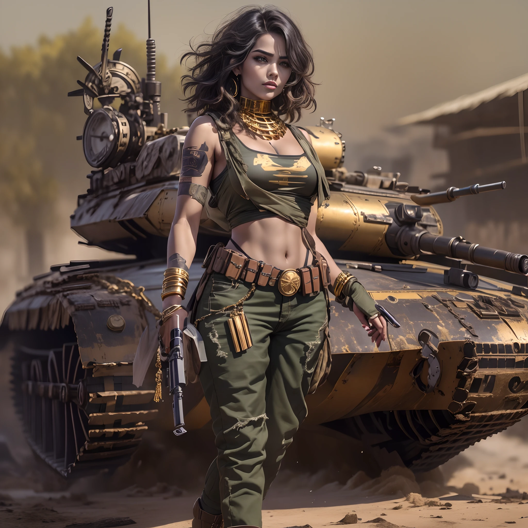 Gere uma imagem da personagem Mara, also known as 'Mara Death Dealer', do jogo Call of Duty: Guerra moderna: corpo inteiro, fisionomia cruel, ((Novo)) brincos grande, colar pulseira, rings, gold watch, na praia, sol poente, palmeiras, corpo escultural, flowing hair, ((metralhadoras, Armas, Fuzil AK-47, Granadas, gold accessories)) standing on a ((tanque de guerra Russo T-14 Armata))