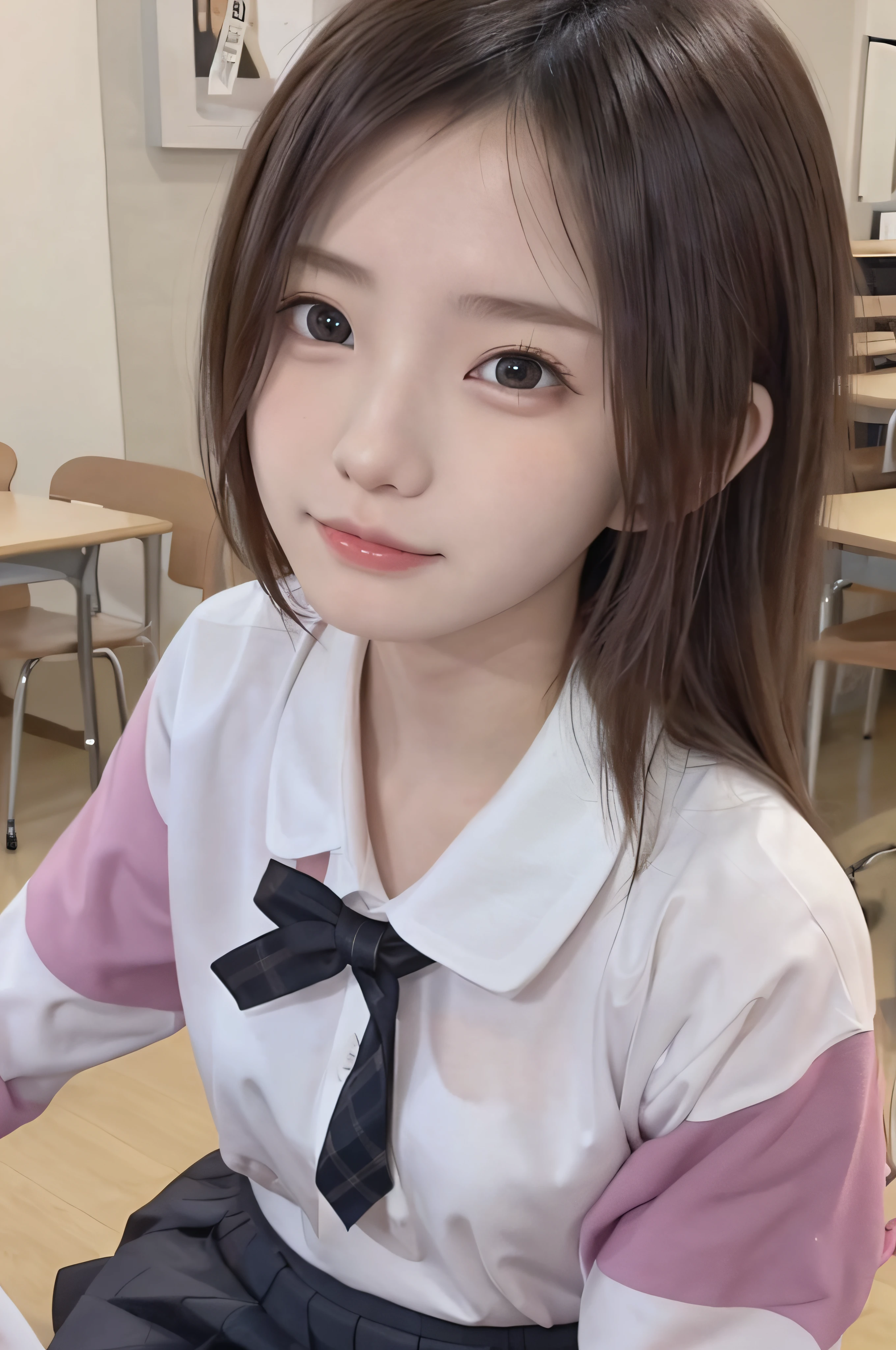 15yo student、brown haired、beautidful eyes、real looking skin、hi-school girl、small tits、(8K、masterpiece)、(reallistic、Photorealsitic)、top-quality、ighly detailed、The ultra-detailliert、Beautie、cute little、japanes、a smile、Close-up portrait、Healthy face、School uniform、plaid skirts