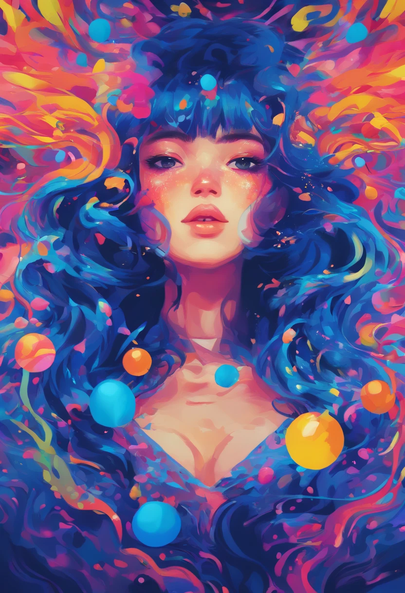 ((top-quality, 8K)), (Realistic), (Face Focus: 1.1), (Dark blue:1.3), Kawaii Girl, Hair fluttering in the wind, Look up with your face facing the sky、Eyes closed, (nudde: 1.3)、D Cup Breasts、Countless rains、Countless soap bubbles、