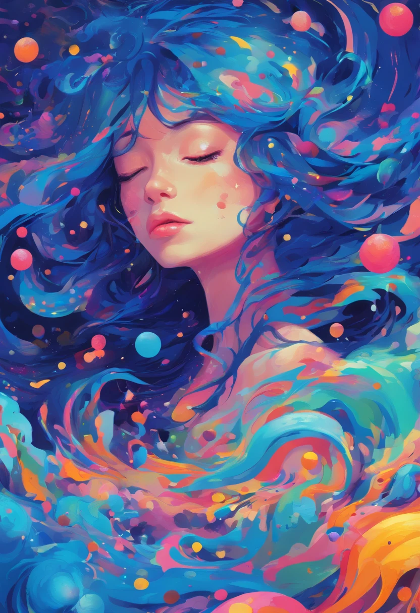 ((top-quality, 8K)), (Realistic), (Face Focus: 1.1), (Dark blue:1.3), Kawaii Girl, Hair fluttering in the wind, Look up with your face facing the sky、Eyes closed, (nudde: 1.3)、D Cup Breasts、Countless rains、Countless soap bubbles、