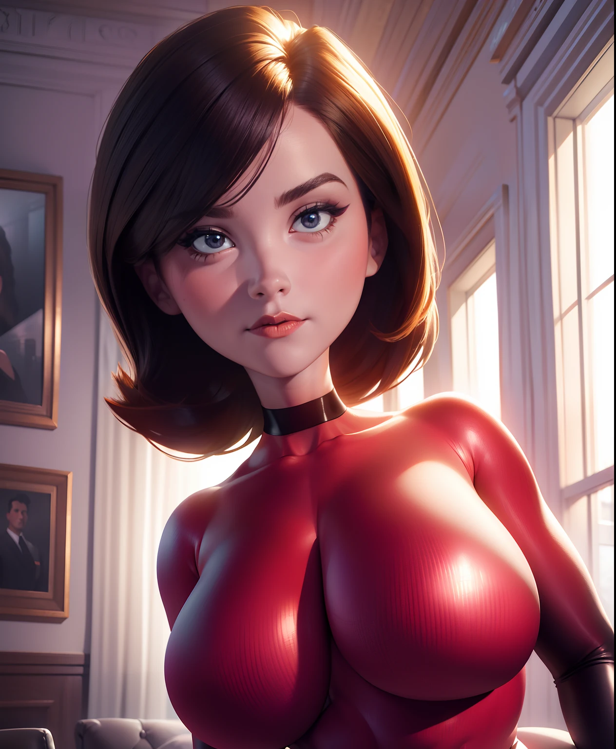 (best quality, 4k, highres, ultra-detailed, masterpiece:1.2), realistic, vivid colors, professional, HDR, studio lighting, ultra-fine painting, sharp focus, physically-based rendering, extreme detail description,  portrait,  Helen Parr, skintight supersuit, choker,  semi-nude, voluptuous curves, seductive gaze, alluring pose, flawless skin, captivating beauty