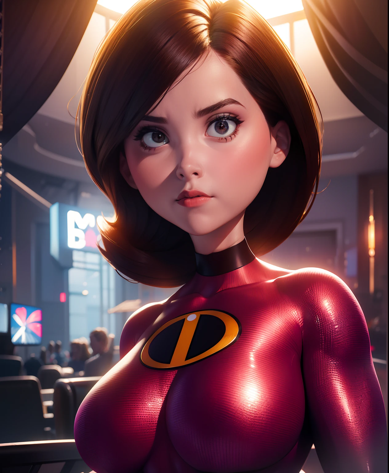 (best quality, 4k, highres, ultra-detailed, masterpiece:1.2), realistic, vivid colors, professional, HDR, studio lighting, ultra-fine painting, sharp focus, physically-based rendering, extreme detail description,  portrait,  Helen Parr, skintight supersuit, choker,  semi-nude, voluptuous curves, seductive gaze, alluring pose, flawless skin, captivating beauty