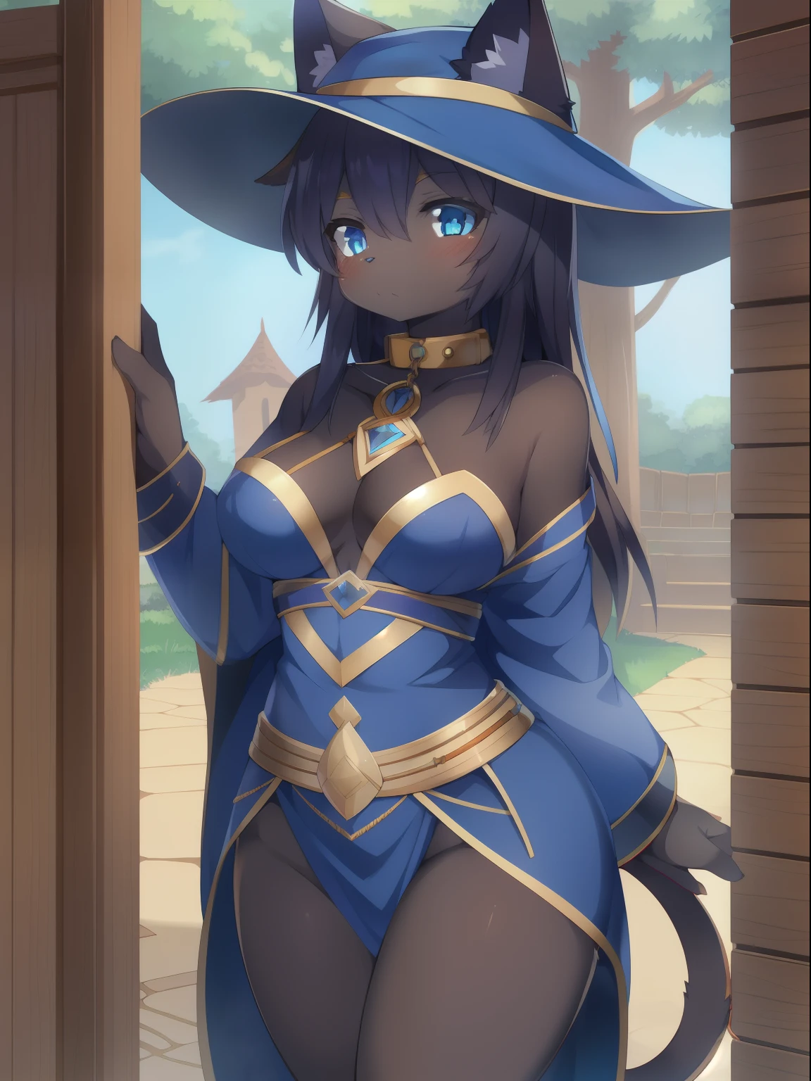 masterpiece, solo, 1girl, Furry, kemono, furry cat, anthropomorphic, female, black fur, black skin, blue eyes, medium breasts, blue wizard clothes, slave collar, sexy clothes, fantasy town, uploaded on e621,