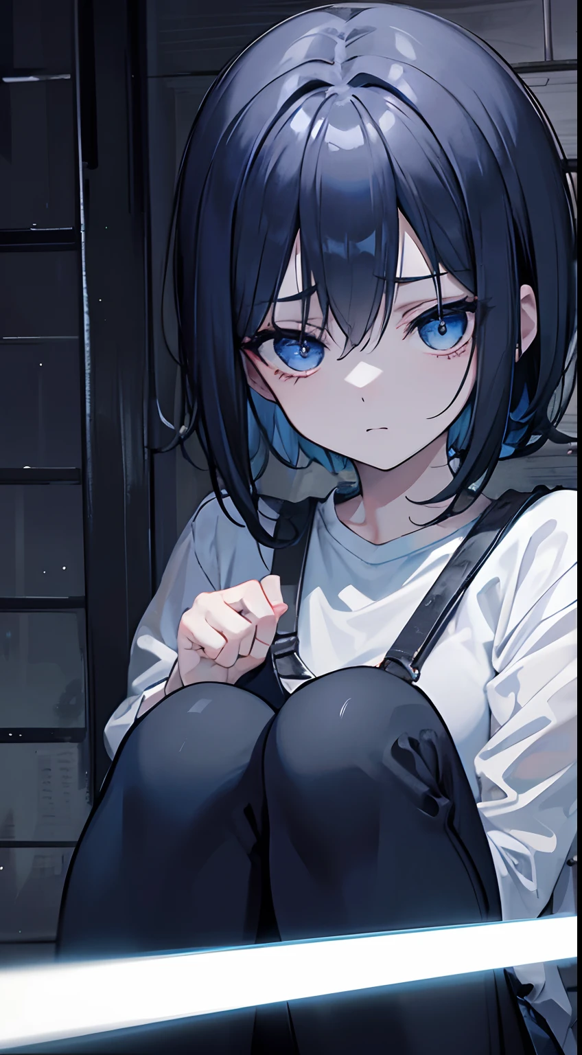 Generate an image that shows the character Ana, with an athletic build, short black hair, blue eyes, wearing a white shirt and blue jeans, inside the simple and dark cabin on a dark night. She is clearly terrified, with a pale face, wide eyes filled with terror, and an expression of utter dread. The lighting inside the cabin should be low, maintaining the dark and eerie style. Ensure that the atmosphere conveys suspense and tension, with a focus on Ana's terrified face