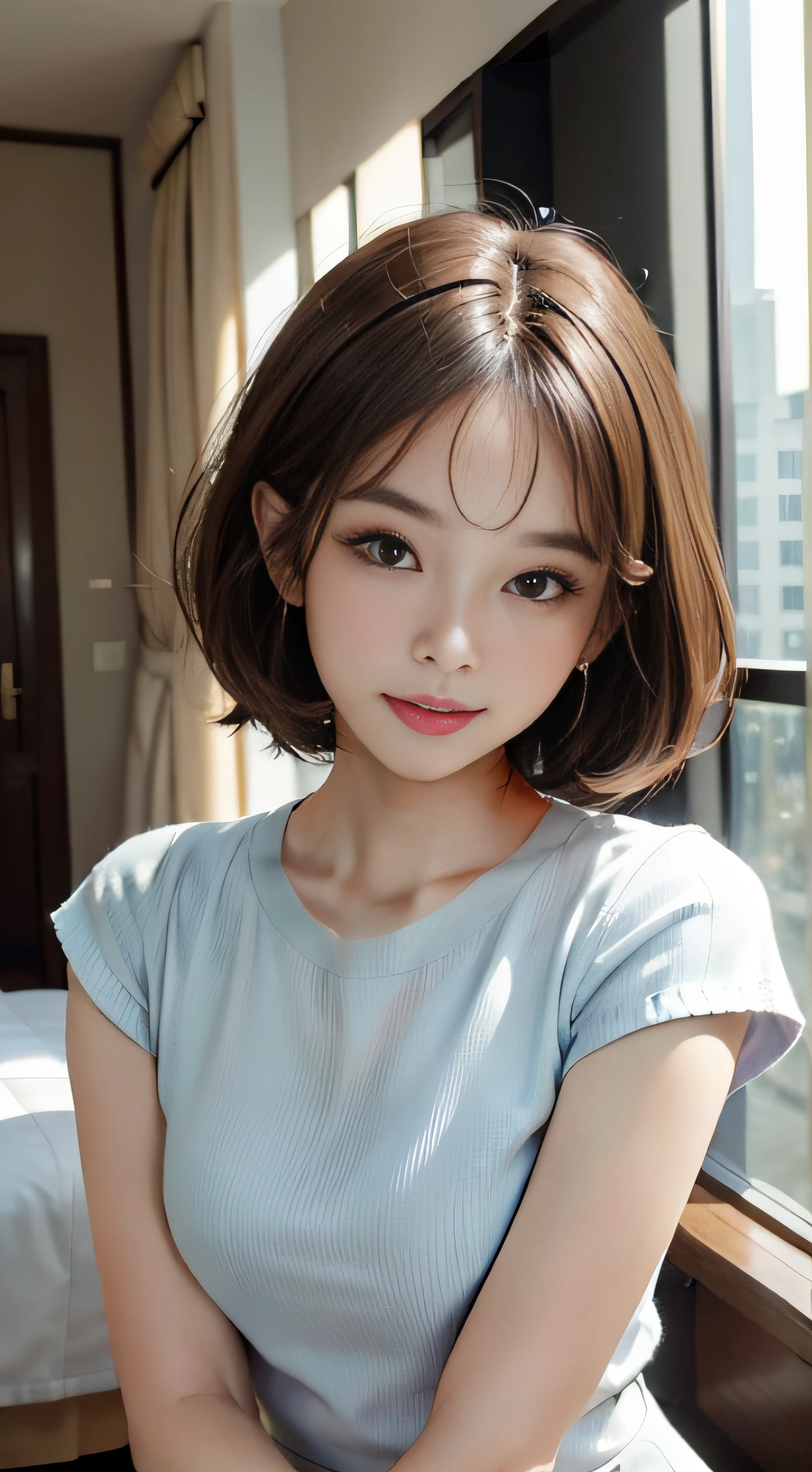 ​masterpiece、Top image quality:1.2、((beautiful young woman with))、Transparent skin:1.2、{A slight smil}、(kawaii)、Short sleeve knit、luxury hotel、depth of fields