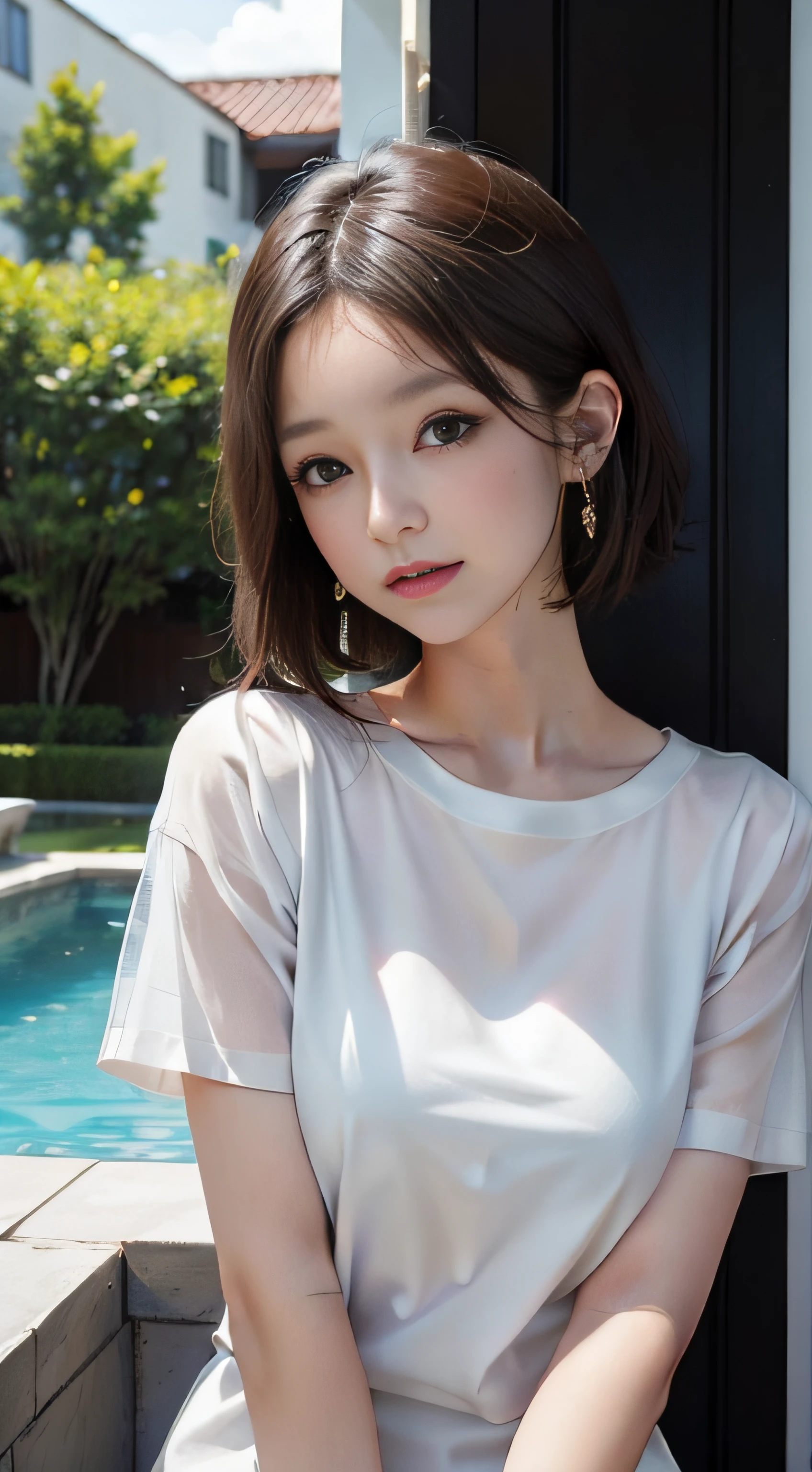 Sunburn marks on tanned skin、blush、Blonde Wavy Hair,A cute 17-year-old girl with a cute look, A strong wind blows my hair in front of my face、Beautiful big sparkling eyes, Cute eyes hidden by long bangs、Yawn、No visible nasolabial folds、A short, light-colored miniskirt、A summer shirt with cute colorful patterns、Korean Beauty
