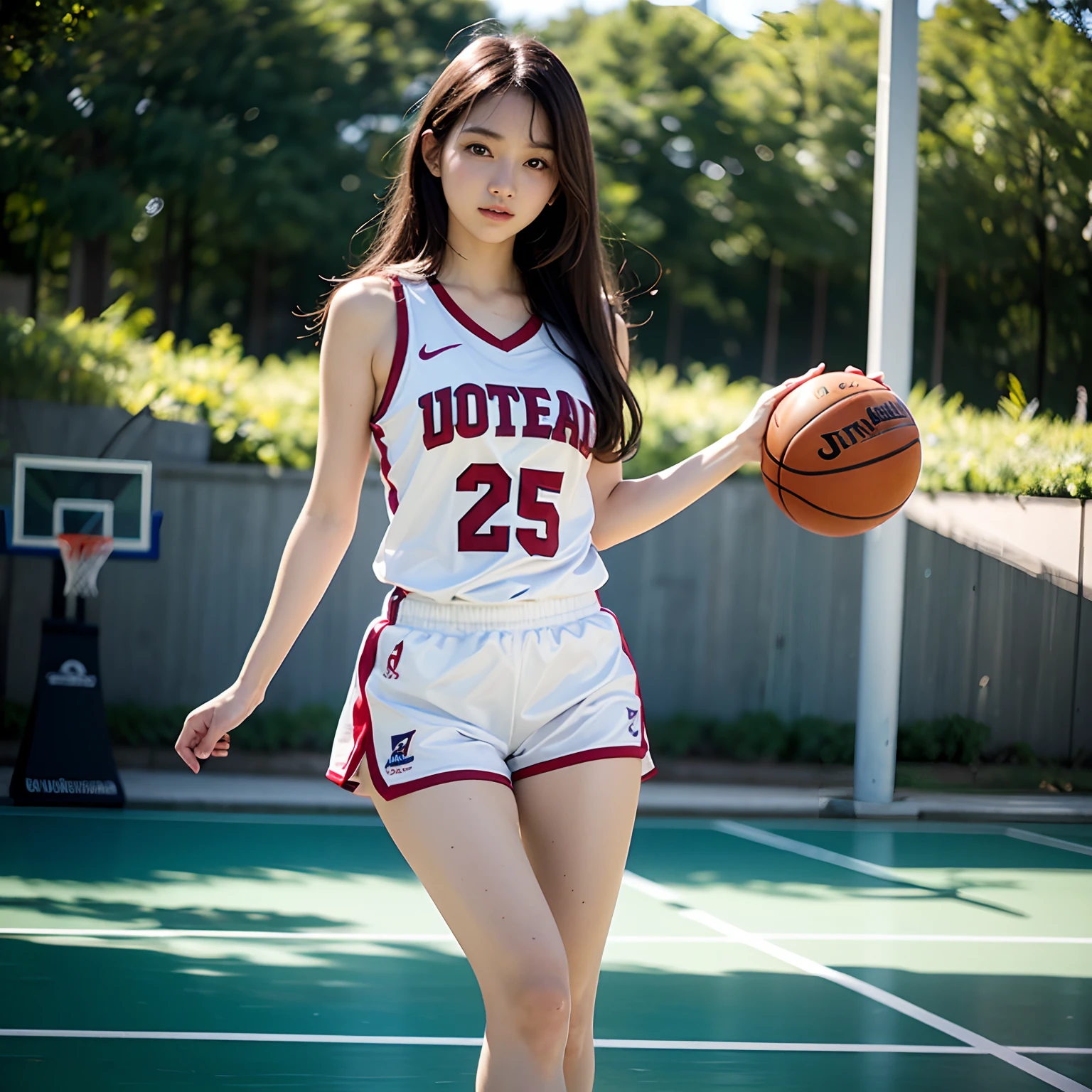(8k, best quality, masterpiece:1.2), (realistic, photo-realistic:1.37),((fat body:1.4)),((stringkini)),ultra-detailed,best quality, ultra high res, professional lighting, photon mapping, radiosity, physically-based rendering, cinematic lighting, basketball court,depth of field, sharp focus,sunbeam, good composition,(bokeh:1.2) 1girl Indonesia,solo,(full body), cute smile,(closed mouth),beautiful detailed eyes, pose, narrow waist,basketball uniform, black hair,messy hair,long hair floating in wind,(ulzzang-6500:1.2)
 mix4, hiqcgbody