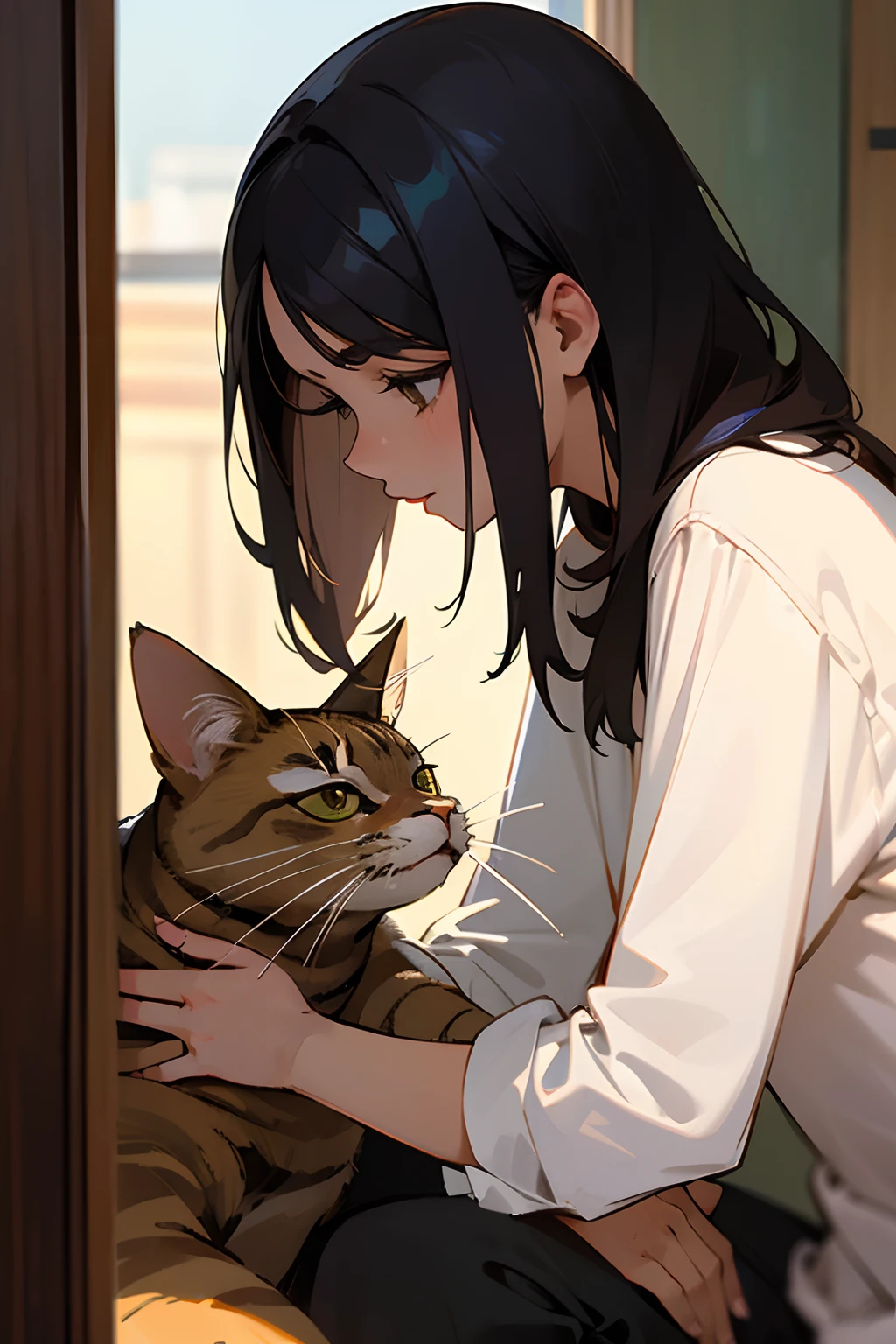 1mujer, cargando a un gato, cabello corto, gato negro