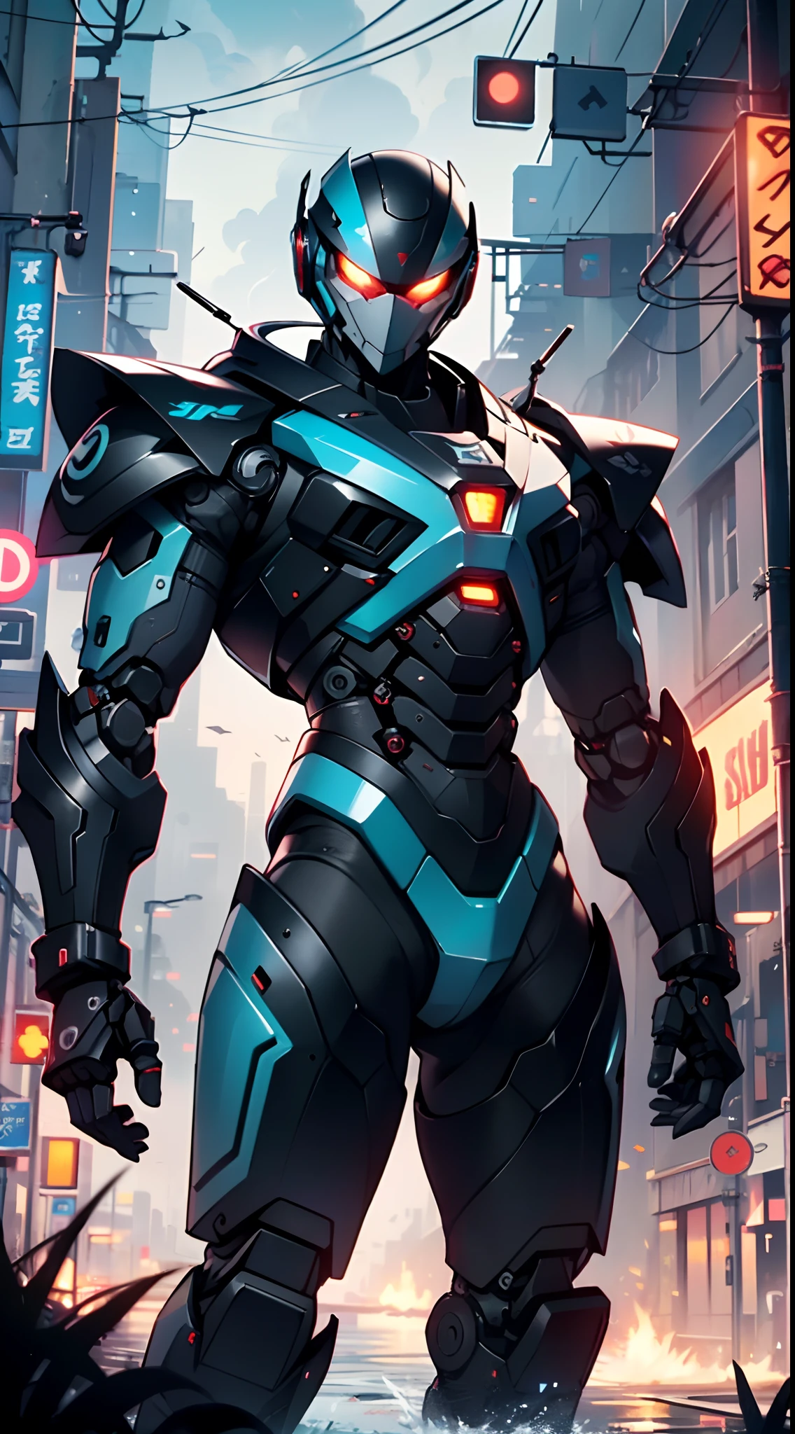 Imposing black plastic metal android robot,three meters tall and with a minimalist design that highlights its marked metallic musculature. His head is smooth and adorned with RGB lights that highlight his uniqueness and futurism.

He carries a metal backpack on his back that contains drones,turrets,and firearms. The backpack has spidery legs that allow it to move quickly.

Although most of his body is a deep,glossy black,there are orange,purple,and blue details that highlight his striking,futuristic design. It is undoubtedly an impressive creation that does not go unnoticed.

(((muscular))),hypermuscle, hyper muscles,carbon robot,humanoid robot, robot, robot joints, joints, helmet, armor, head-mounted display,(((robot with minimalist design))),

(dynamic pose:1.0),solo focus,(centered,scale to fit dimensions,Rule of thirds),

cyberpunk city by the ocean at night, with bright neon signs and dark stormy clouds and puddles, scenery:1.25,

artistic photography,(photography taken by sldr),highres, sharp focus, (ultra detailed, extremely detailed), (photorealistic artwork:1.37),(extremely detailed CG unity 8k wallpaper),((synthwave background theme)),(((vibrant colors))),(intricate background),(masterpiece),(best quality),