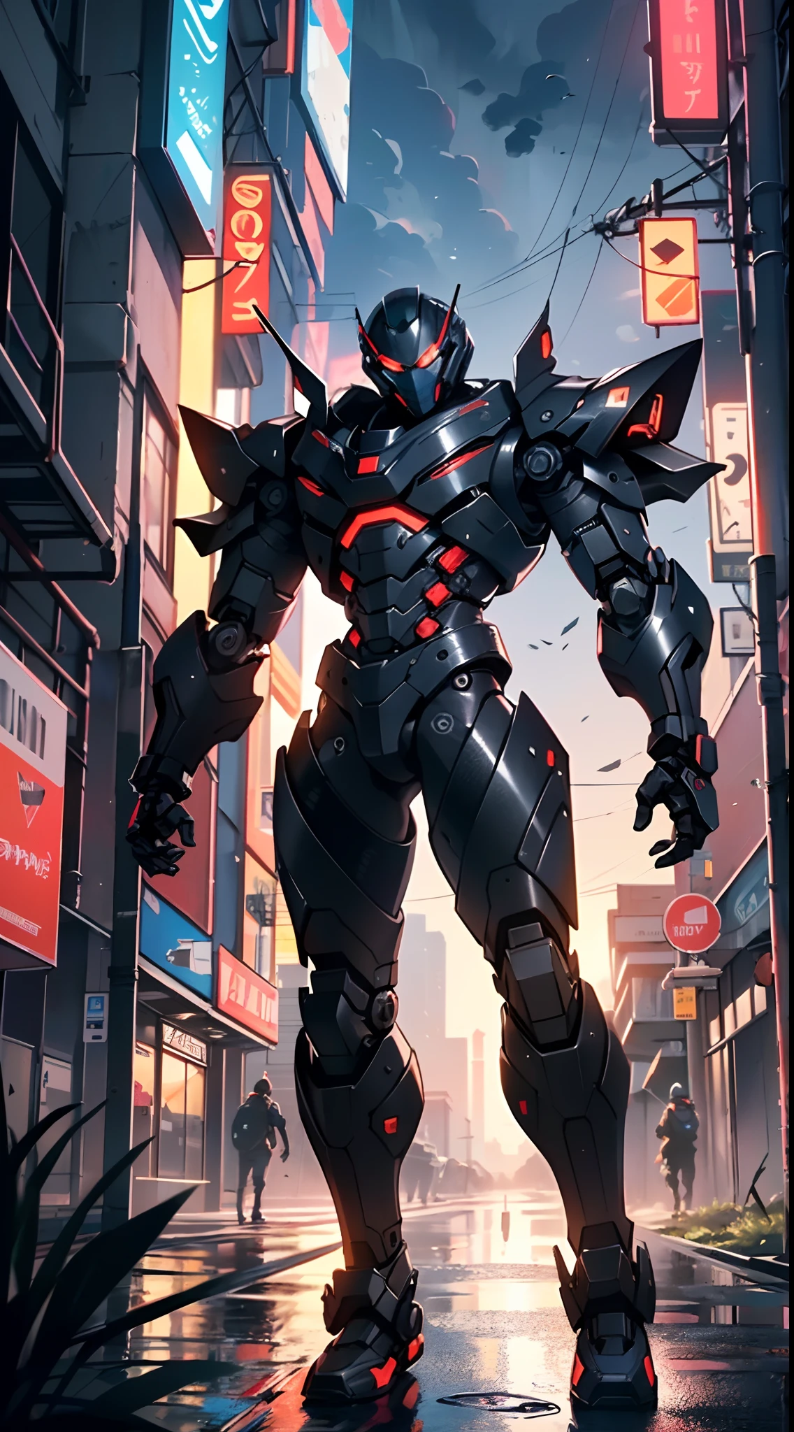 Imposing black plastic metal android robot,three meters tall and with a minimalist design that highlights its marked metallic musculature. His head is smooth and adorned with RGB lights that highlight his uniqueness and futurism.

He carries a metal backpack on his back that contains drones,turrets,and firearms. The backpack has spidery legs that allow it to move quickly.

Although most of his body is a deep,glossy black,there are orange,purple,and blue details that highlight his striking,futuristic design. It is undoubtedly an impressive creation that does not go unnoticed.

(((muscular))),hypermuscle, hyper muscles,carbon robot,humanoid robot, robot, robot joints, joints, helmet, armor, head-mounted display,(((robot with minimalist design))),

(dynamic pose:1.0),solo focus,(centered,scale to fit dimensions,Rule of thirds),

cyberpunk city by the ocean at night, with bright neon signs and dark stormy clouds and puddles, scenery:1.25,

artistic photography,(photography taken by sldr),highres, sharp focus, (ultra detailed, extremely detailed), (photorealistic artwork:1.37),(extremely detailed CG unity 8k wallpaper),((synthwave background theme)),(((vibrant colors))),(intricate background),(masterpiece),(best quality),