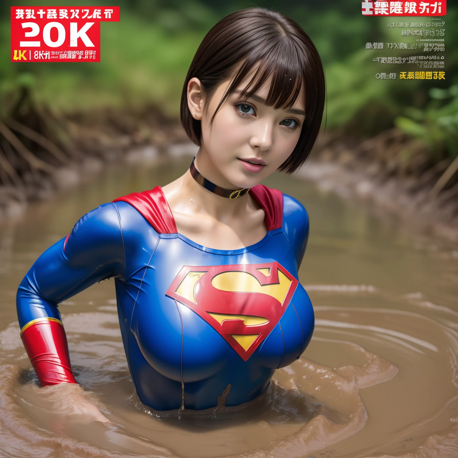 (Best Quality,4K,8K,hight resolution,masutepiece:1.2),Ultra-detailed,Realistic:1.37,Super masterpiece,Short-haired Supergirl swimming in a quagmire、large full breasts、Looking at the camera、Glossy costume、a choker、Covered in mud、Weekly magazine cover、Splattering droplets