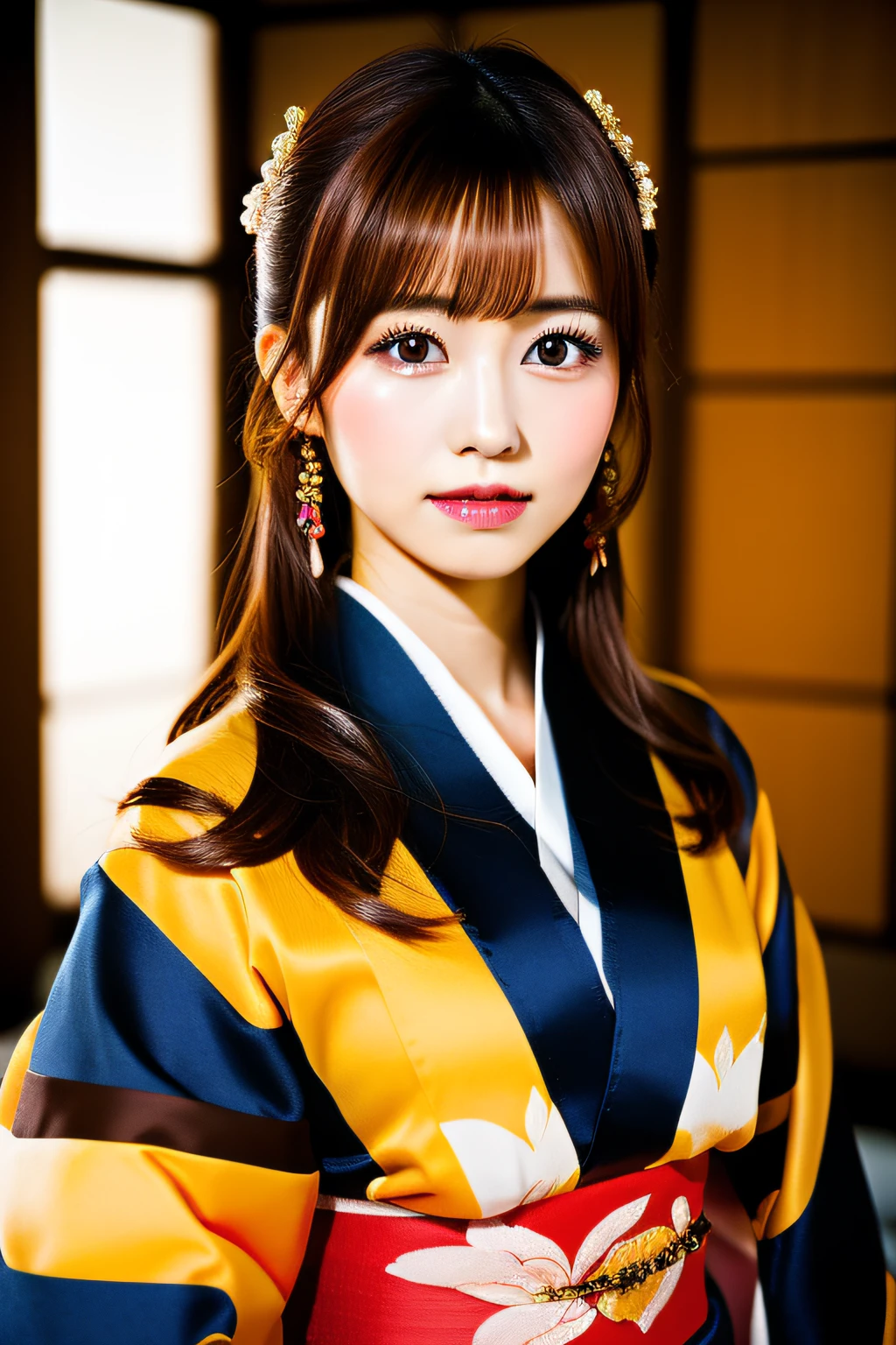 Indoor Japan Dance ,Portraits,Ultra Sharp Focus,High contrast, Kimono,Brown eyes,, Center Image,(26 year old woman,)Brown hair.