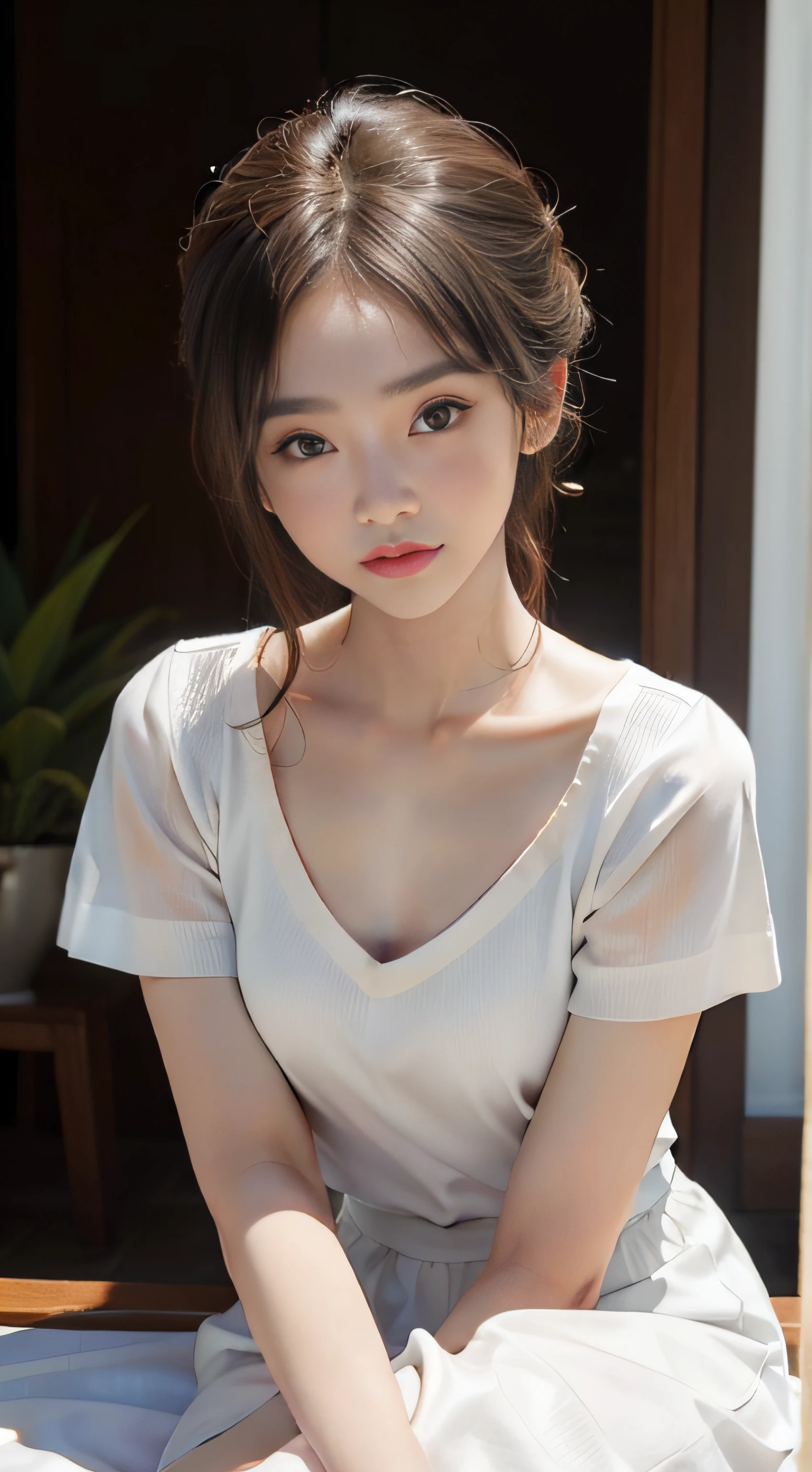 masterpiece、Top image quality:1.2、((beautiful young woman with))、Transparent skin:1.2、{A slight smil}、(kawaii)、Short sleeve knit、luxury hotel、depth of fields、Sharp Focus、Fine details