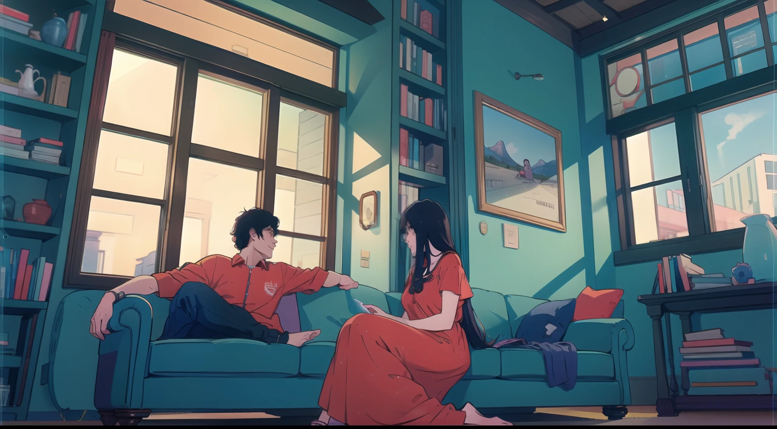 (a girl, a boy), sitting on a sofa, in a cozy house, surrounded by yellow walls, The girl is wearing a vibrant red dress, while the boy is dressed in a stylish brown jacket. The girl has beautifully detailed eyes and lips, and her dress flows gracefully around her. The boy has a charming smile on his face, and his hair is neatly styled. The sofa they are sitting on is plush and comfortable, inviting them to relax. The room is well-lit with natural sunlight streaming in through the windows, creating a warm and inviting atmosphere. In the background, there are bookshelves filled with books, adding a touch of intellectual elegance to the scene. The colors in the artwork are vivid and vibrant, giving it a lively and energetic feel. The final image should be of the highest quality, with ultra-detailed features and a realistic, photorealistic appearance.