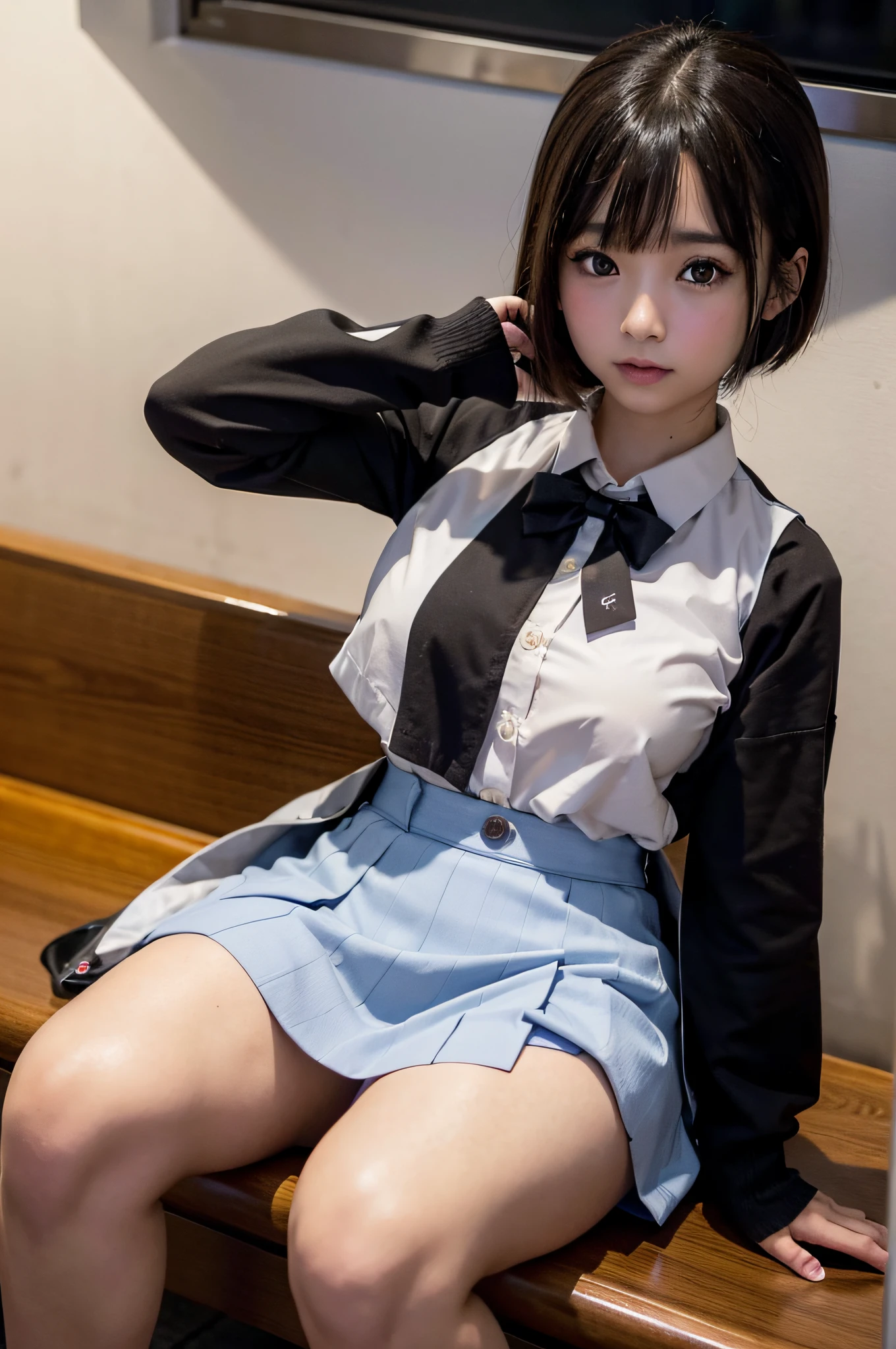 Low angle shot, Arafed Asian woman in a short skirt and bow tie sitting on a train, menina bonita, olhos detalhados, Double eyelidm, uniforme escolar de menina japonesa, wearing japanese school uniform, uniform japanese schoolgirl, uma aluna hiperrealista, vestida como aluna, aluna hiperrealista, vestindo uniforme escolar, menina realista, vestindo uniforme, vestindo um uniforme escolar, de uma menina posando, corpo inteiro, nice skin, pele brilhante, nice thighs, coxa brilhante, pernas brilhantes