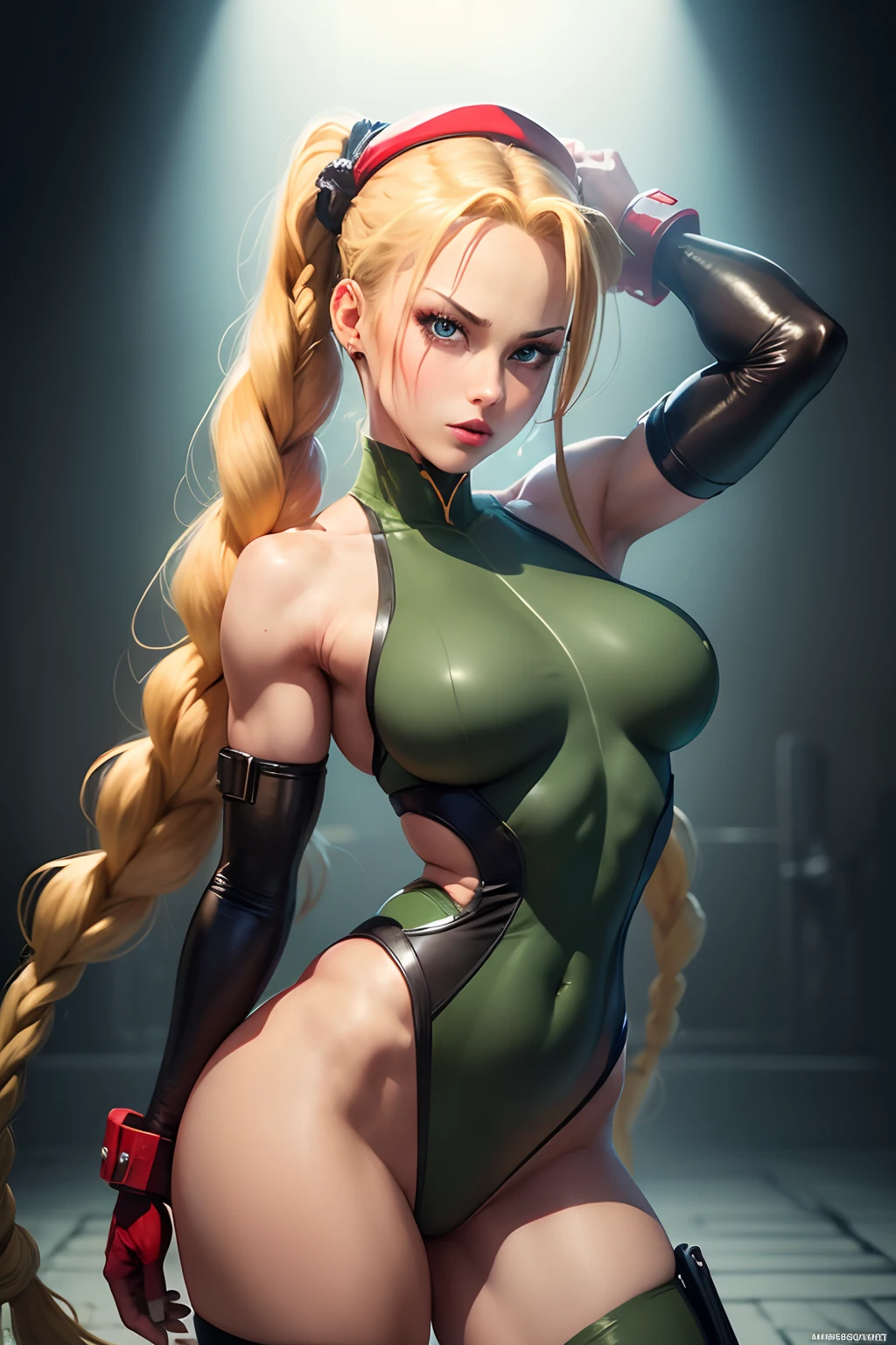 ((Cammy from street fighter series))(she has big glowing eyes)(bright red lips) (very long blonde twin braids hairstyle) (dark eyeshadows make up)((big breasts)) (perfect slim body) (wears dark green leotard, red gauntlets, red beret, black military boots) (posing inside military base) (high definition, volumetric lights and dinamic shadows)((masterpiece))(8k)(perfect face)(ultra details) (perfect hands, eyes, and face)