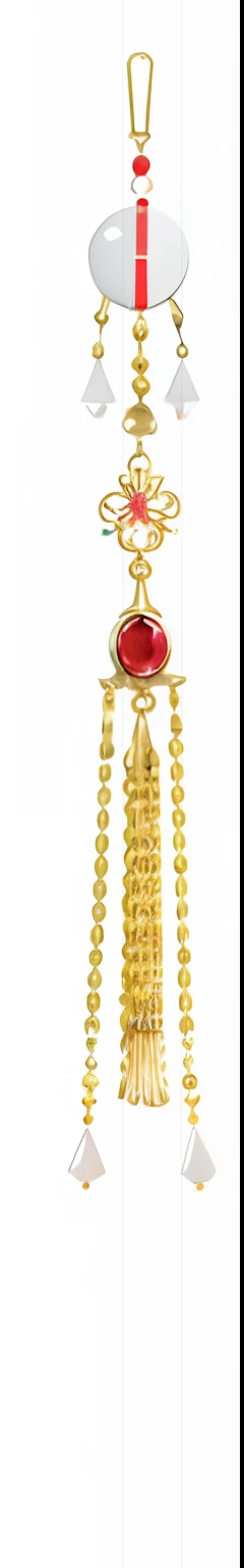 Close-up of the robot with red nose and red nose, Tassel gemstones, gold earring, gold ornate jewely, Gold and red filigree, gold chains, 耳Nipple Ring, Gold necklace, chain, wearing gilded ribes, gold jewerly, pendant, Gold chain, Gold chain, nipple tassels, Gold ornaments, Gold trim