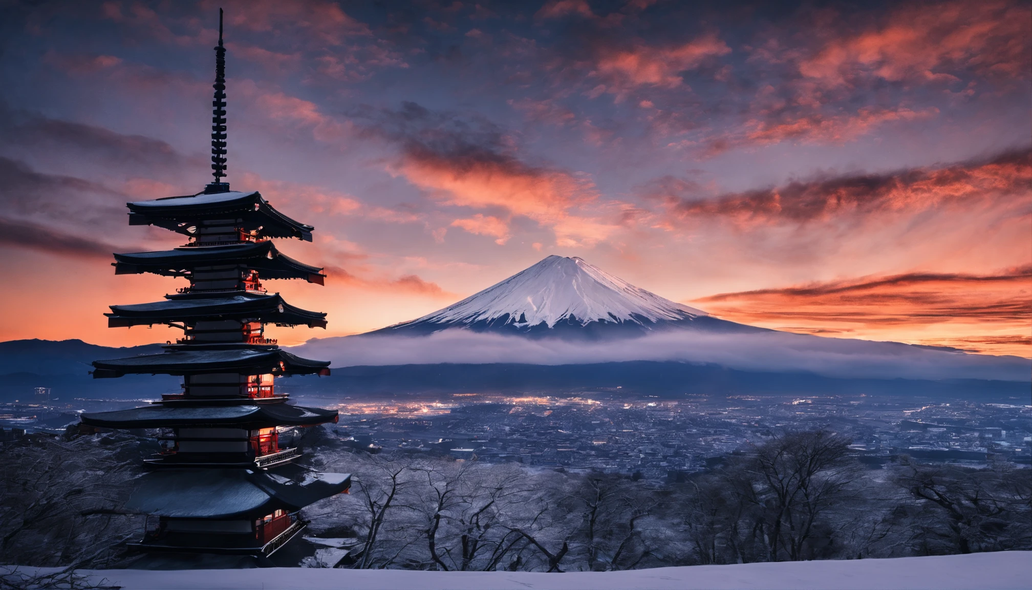 Mt fuji、morning glow、grand、Dynamic landscapes、midwinter、a picture、realisitic