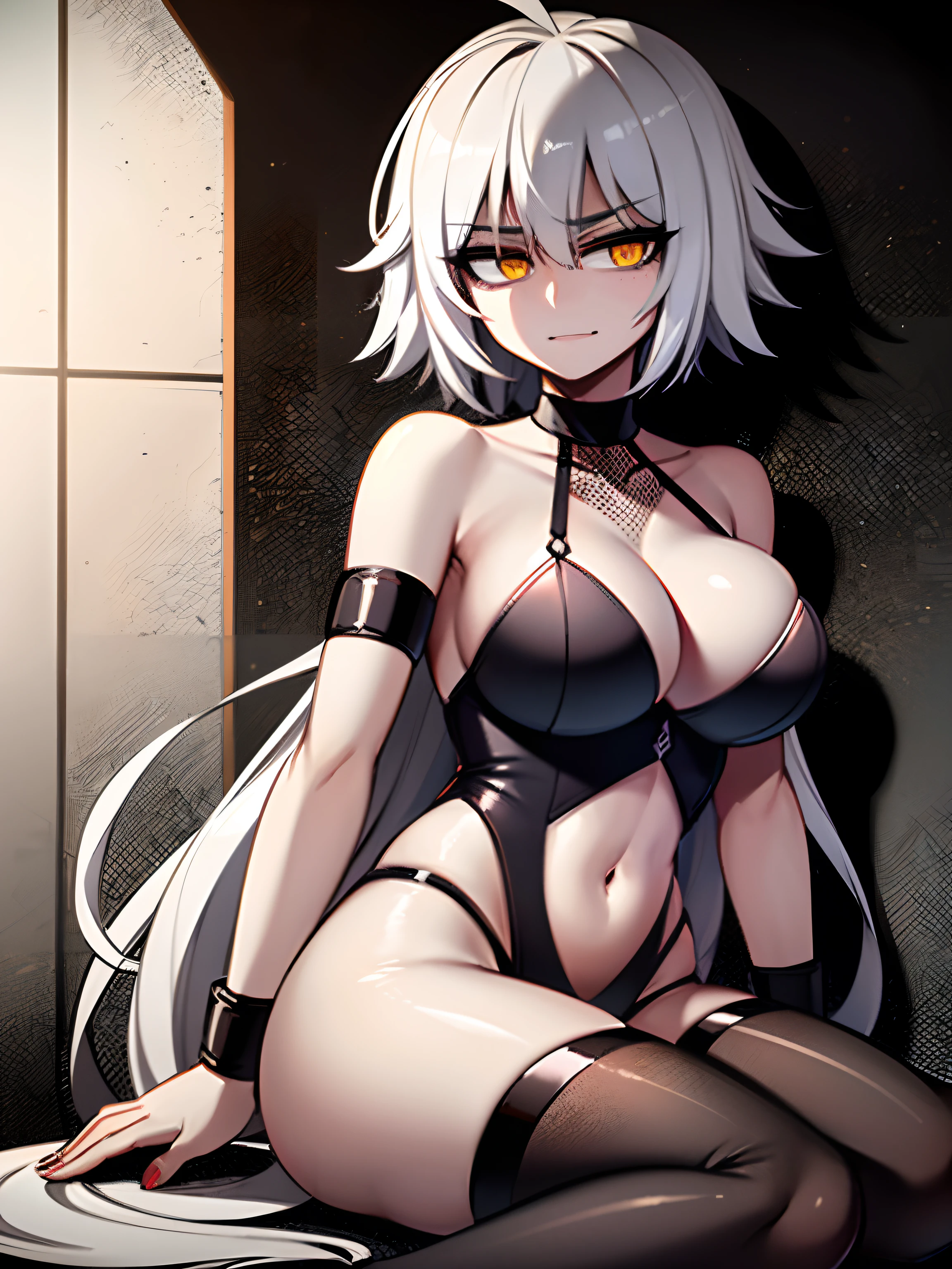 ((Masterpiece, top quality, super definition, ultra definition)), Solo, Full Body, (Jeanne Alter from Fate/Grand Order), (Wearing Jeanne Alter's iconic black bikini with red details), (((Clear expression of body unevenness)), looking at the camera, (sitting with her back to the wall and bent knees), female body, large breasts,  golden eyes, platinum bob hair, hair between eyes, front zoom, horizontal seat, yandere, strong lascivious smile, constricted pupils, deep shadows, SFW, dark, detailed hands, tall woman, sadistic expression, dynamic angle, scattered crotch, deep shadows, 8k resolution