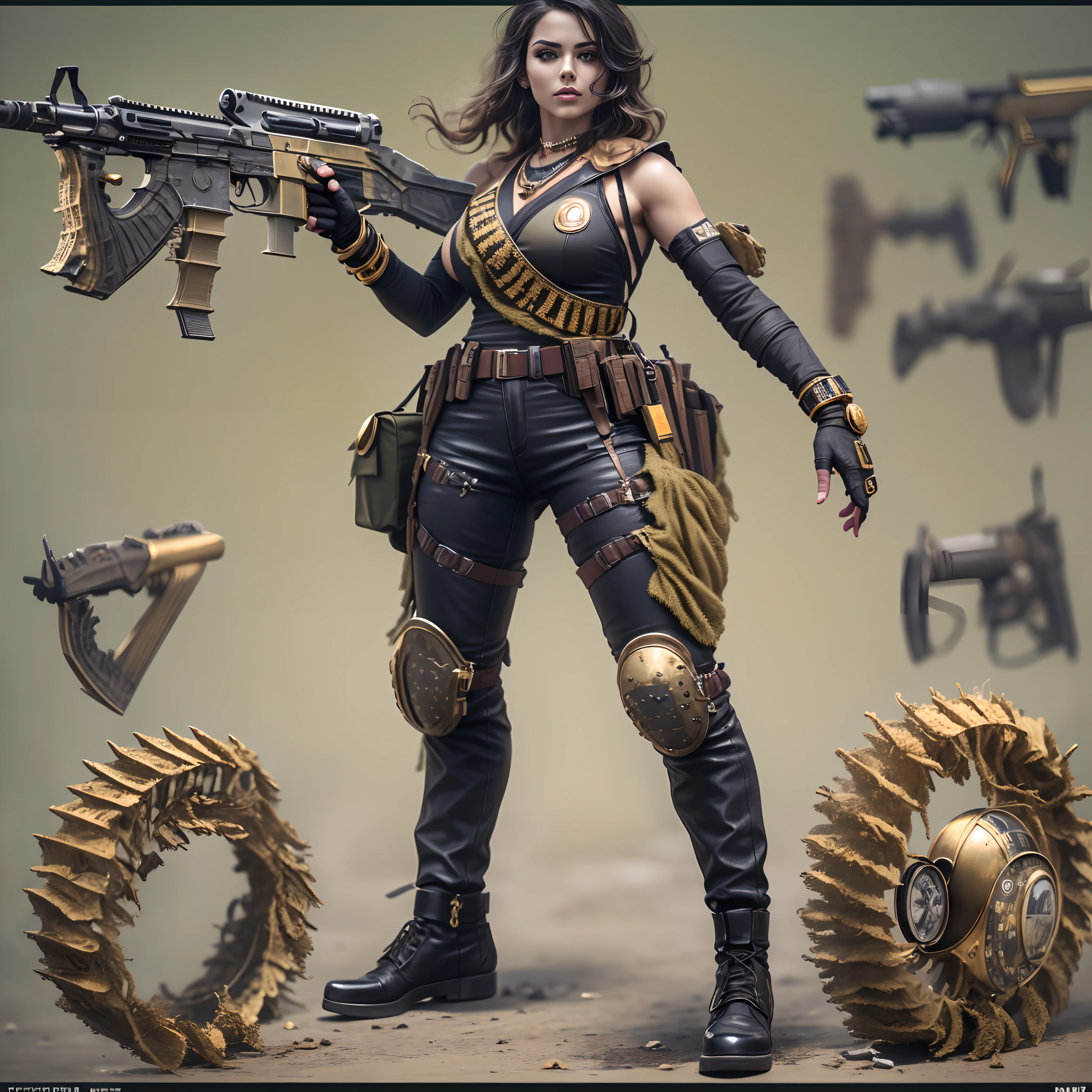 Gere uma imagem da personagem Mara, also known as 'Mara Death Dealer', do jogo Call of Duty: Guerra moderna: corpo inteiro, fisionomia cruel, ((Novo)) brincos grande, colar pulseira, rings, gold watch, na praia, sol poente, palmeiras, corpo escultural, flowing hair, ((metralhadoras, Armas, Fuzil AK-47, Granadas, gold accessories)) standing on a ((tanque de guerra Russo T-14 Armata))