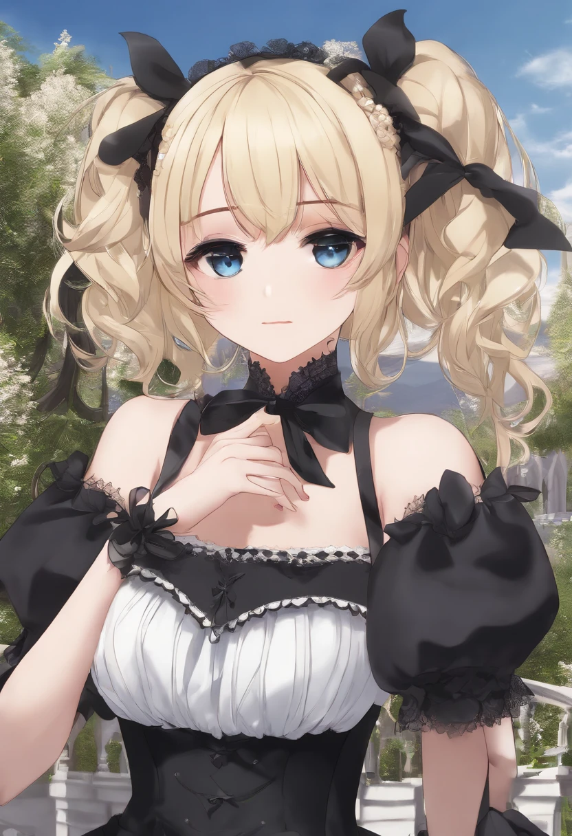 high res, ultrasharp, 8K, masterpiece, looking at viewer, 1 girl, a close up cartoon girl wearing a black gothic dress, hachaama from hololive, anime girl in gothic dress, white eyepatch, anime girl with blond hair, twintails hairstyle, half body, standing, anime portrait