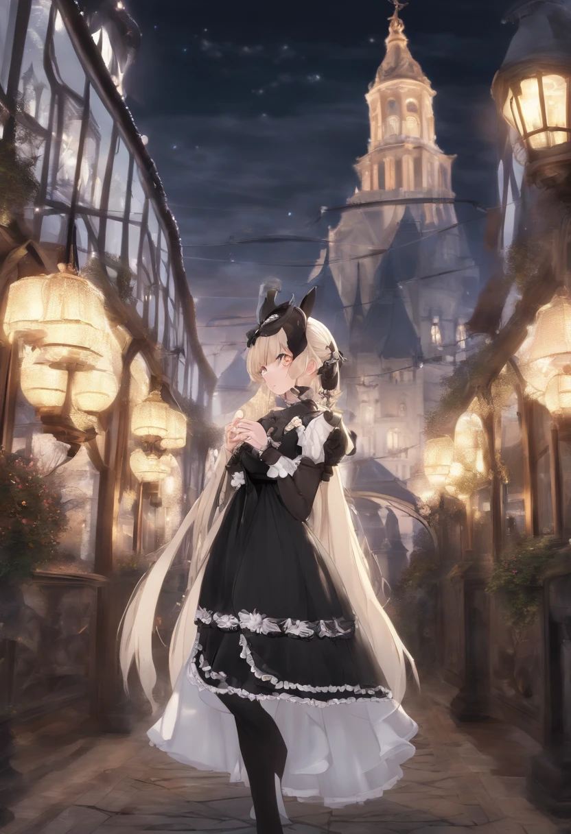 high res, ultrasharp, 8K, masterpiece, looking at viewer, 1 girl, a close up cartoon girl wearing a black gothic dress, hachaama from hololive, anime girl in gothic dress, white eyepatch, anime girl with blond hair, twintails hairstyle, half body, standing, anime portrait