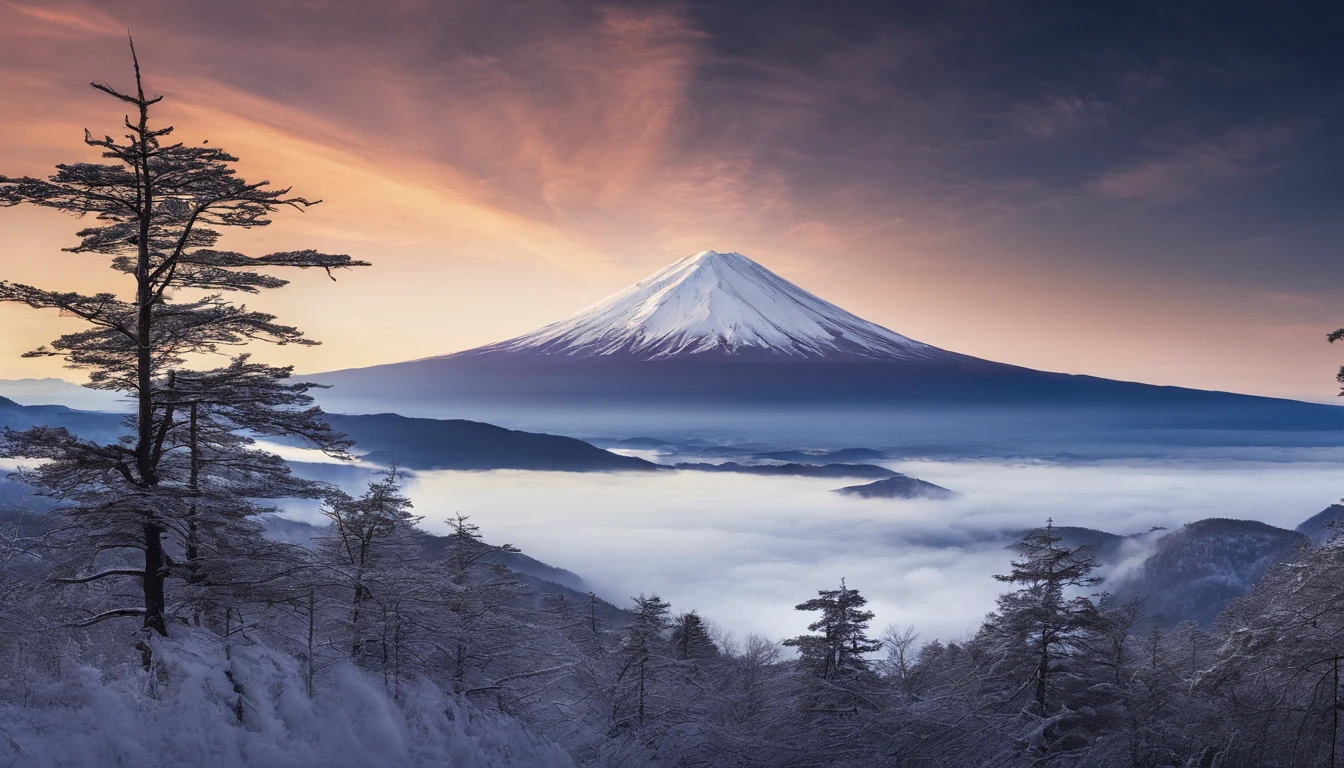 Mt fuji、morning glow、grand、Dynamic landscapes、midwinter、a picture、realisitic